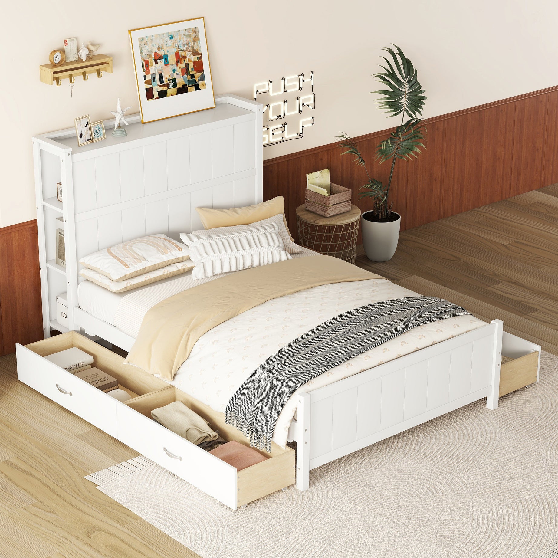 Full Size Platform Bed with Drawers and Storage Shelves, White--1