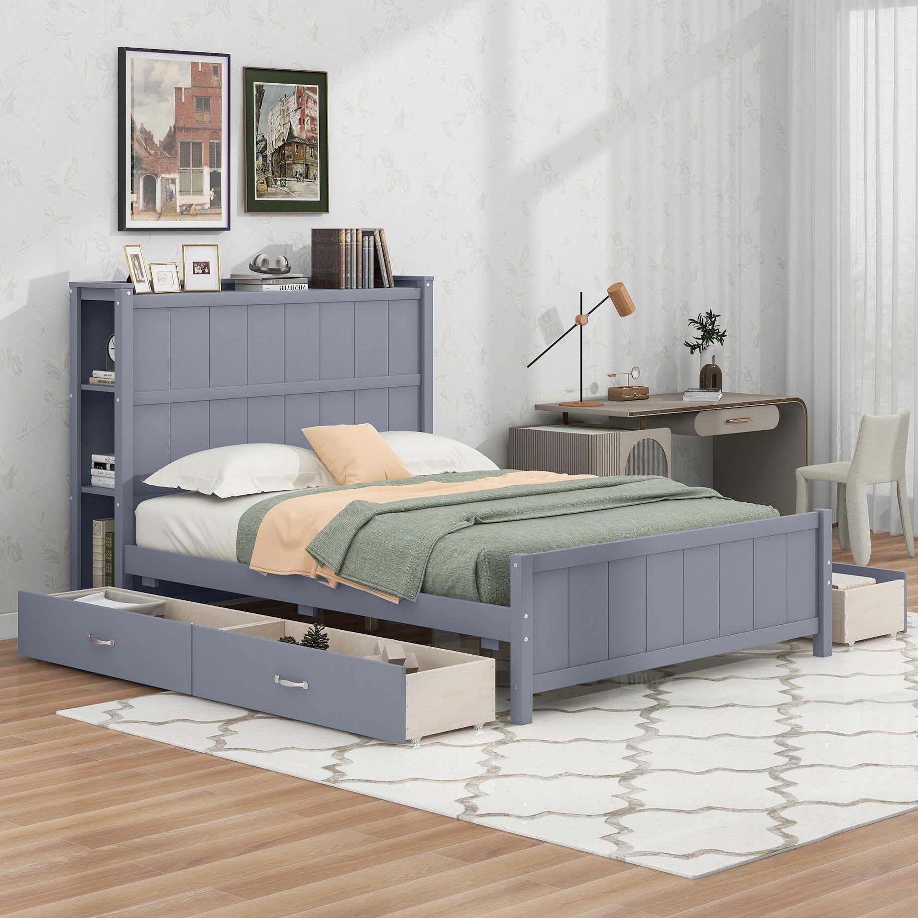 Full Size Platform Bed with Drawers and Storage Shelves, Gray--1