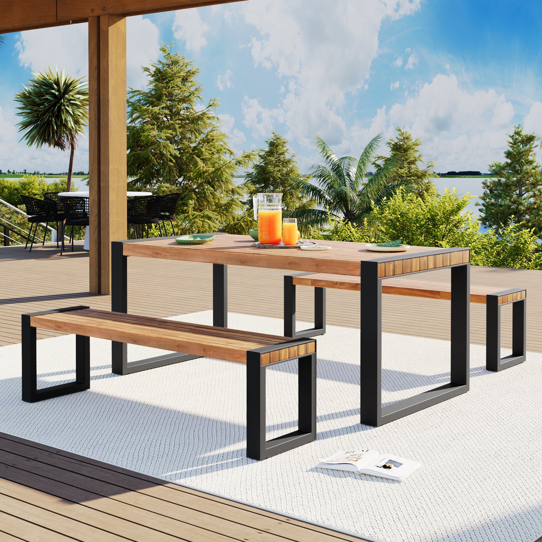 GO 3-pieces Outdoor Dining Table With 2 Benches, Patio Dining Set With Unique Top Texture, Acacia Wood Top & Steel Frame, All Weather Use, For Outdoor & Indoor, Natural--1