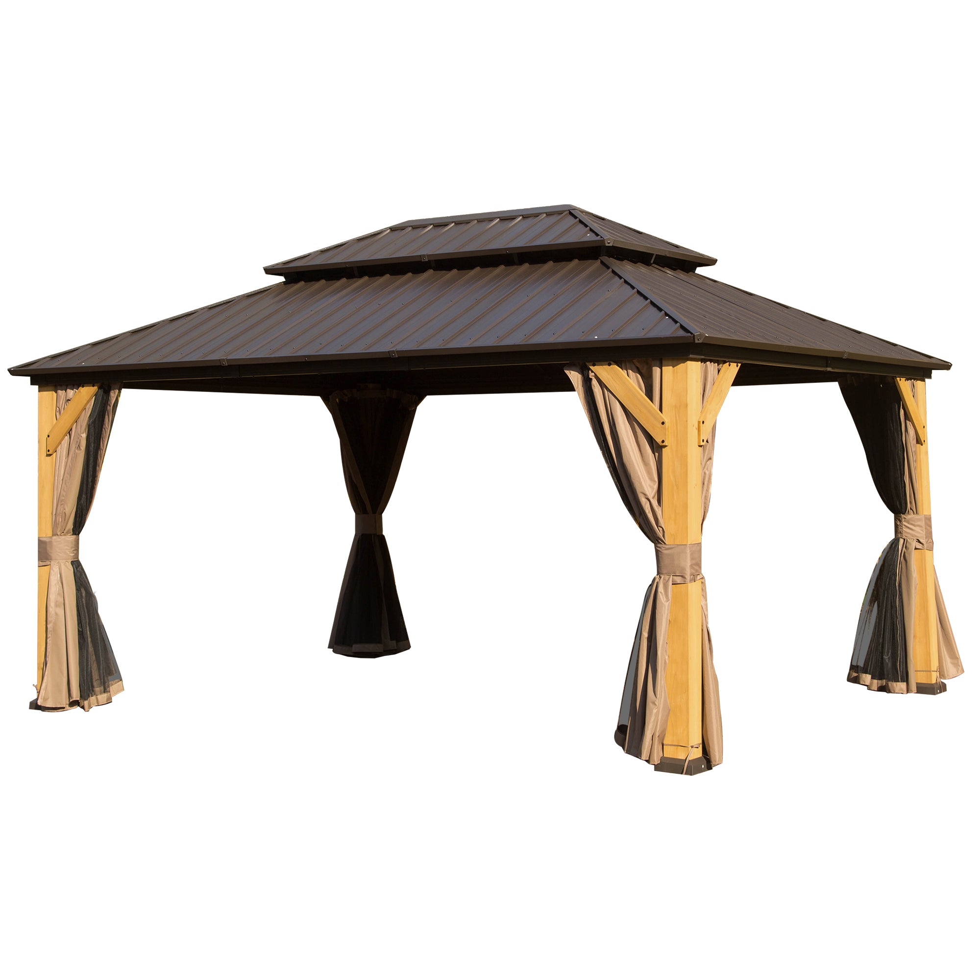 10x14FT Cedar Wood Gazebo, Solid Wood Hardtop Gazebo with Galvanized Steel Double Roof, Netting & Curtains, Outdoor Gazebo for Patio, Backyard, Deck, Lawns--1