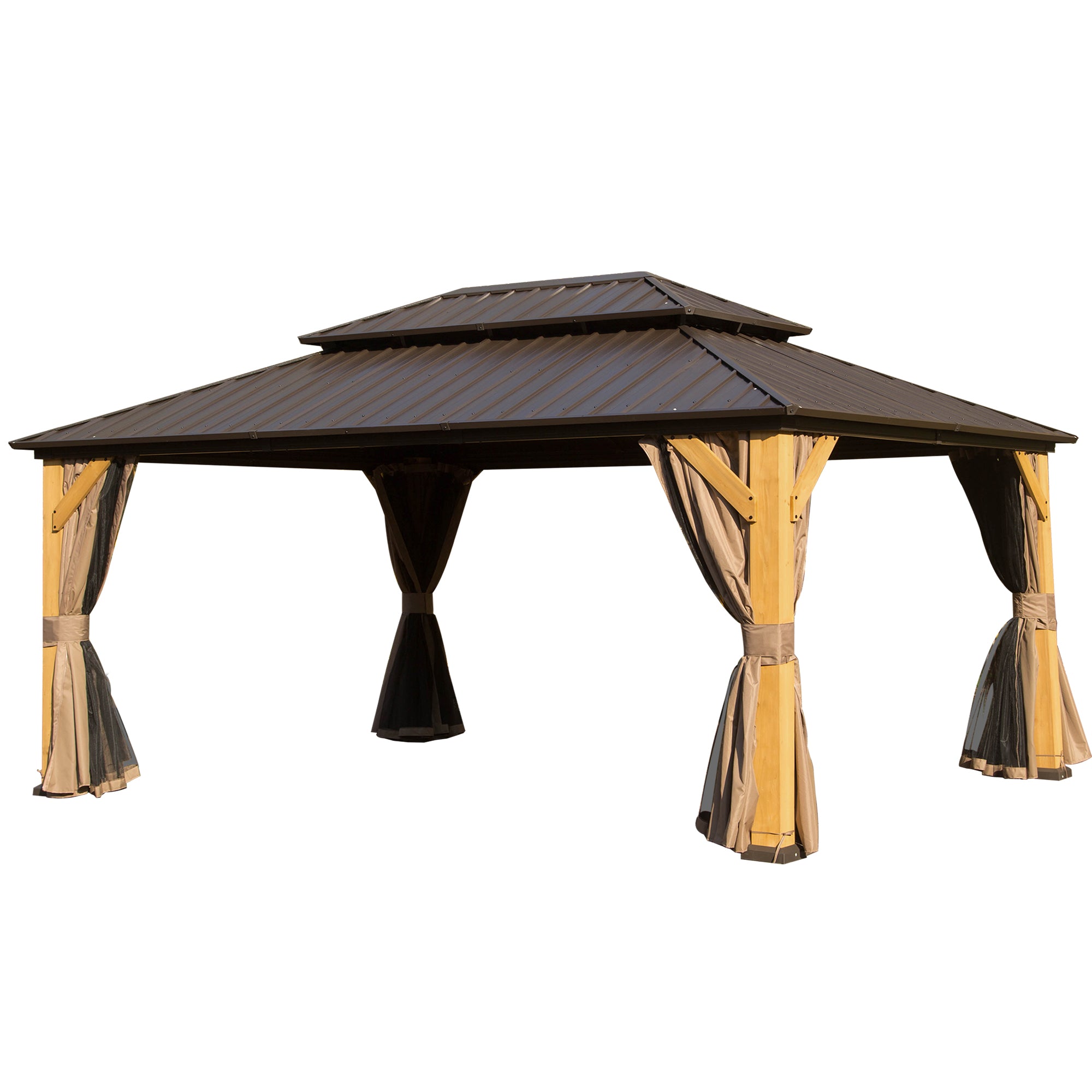 12x16FT Cedar Wood Gazebo, Solid Wood Hardtop Gazebo with Galvanized Steel Double Roof, Netting & Curtains, Outdoor Gazebo for Patio, Backyard, Deck, Lawns--1