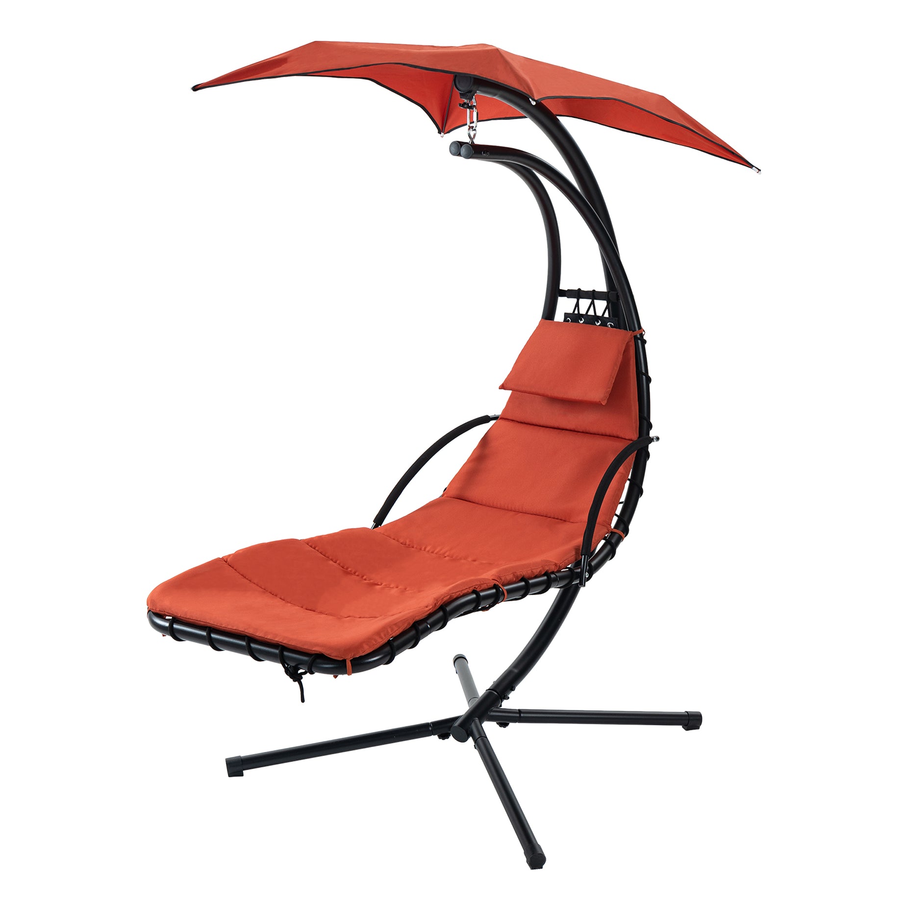 Hanging Chaise Lounger with Removable Canopy, Outdoor Swing Chair with Built-in Pillow, Hanging Curved Chaise Lounge Chair Swing for Patio Porch Poolside, Hammock Chair with Stand (Orange)--1