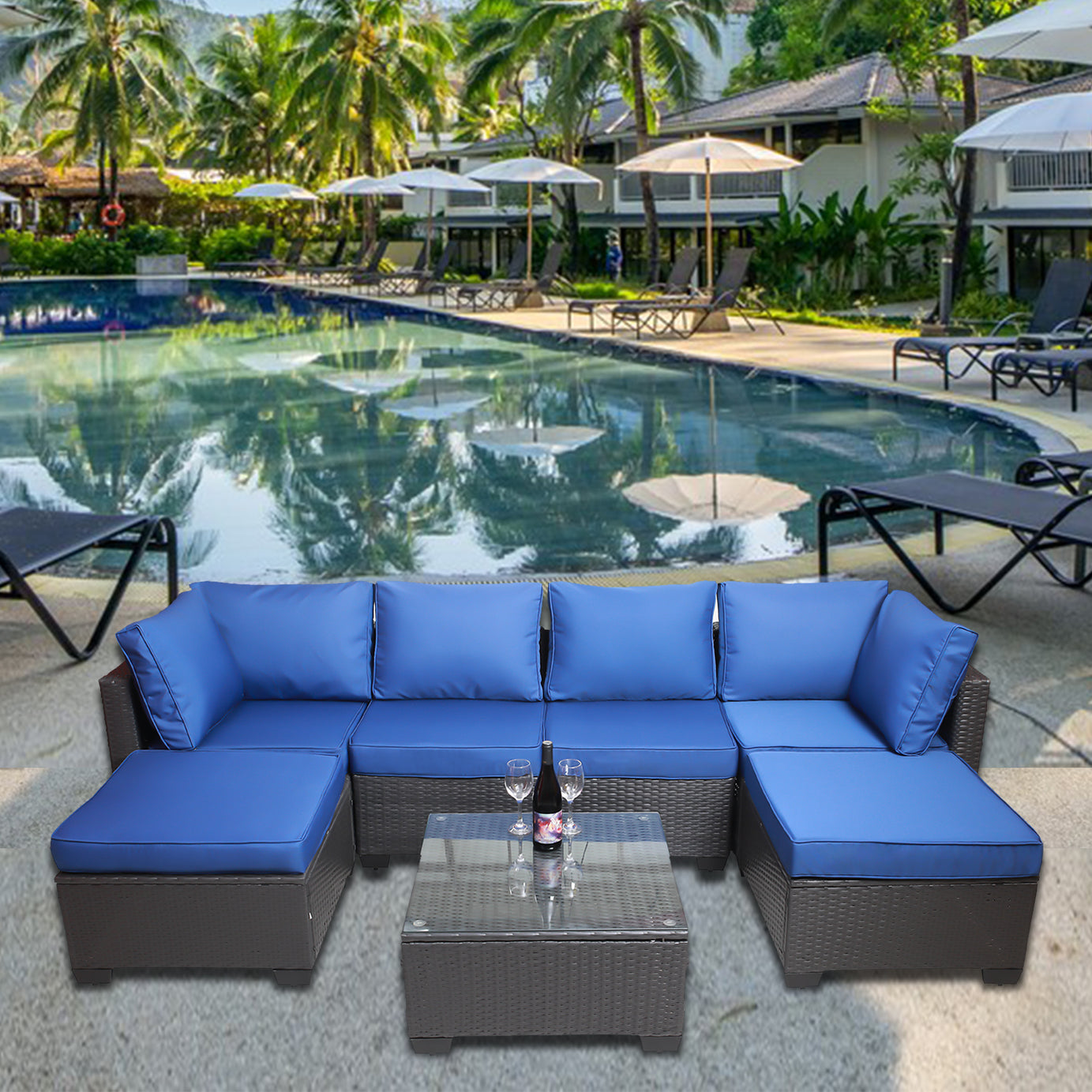 Outdoor Garden Patio Furniture 7-Piece PE Rattan Wicker Cushioned Sofa Sets  and Coffee Table, patio furniture set;outdoor couch;outdoor couch patio furniture;outdoor sofa;patio couch--1