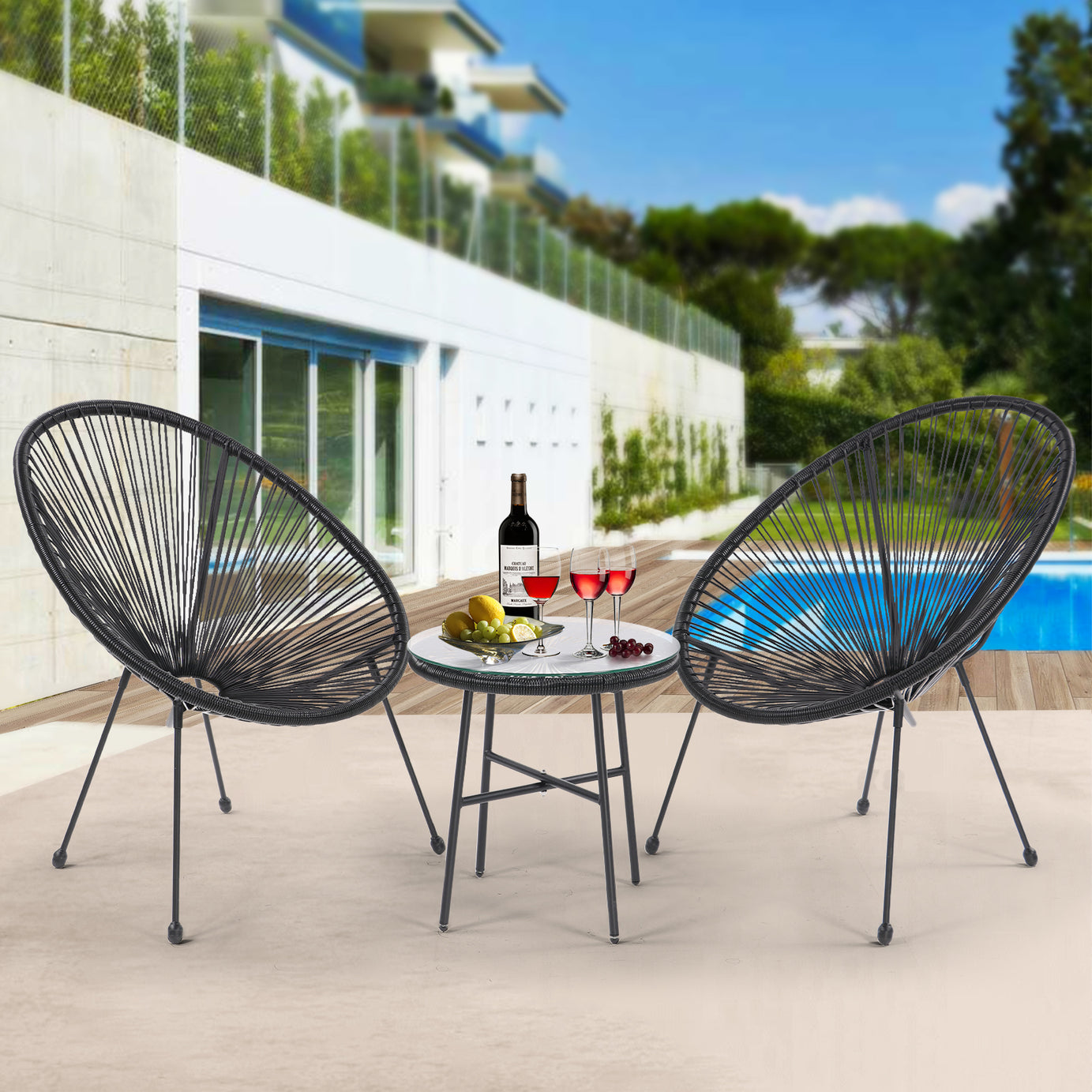 3 Piece Patio Bistro Conversation Set with Side Table, Acapulco All-Weather PE Rattan Chair Set,Flexible Rope Furniture Outdoor with Coffee Table,for Garden,Backyard,Balcony or Poolside(Black)--1