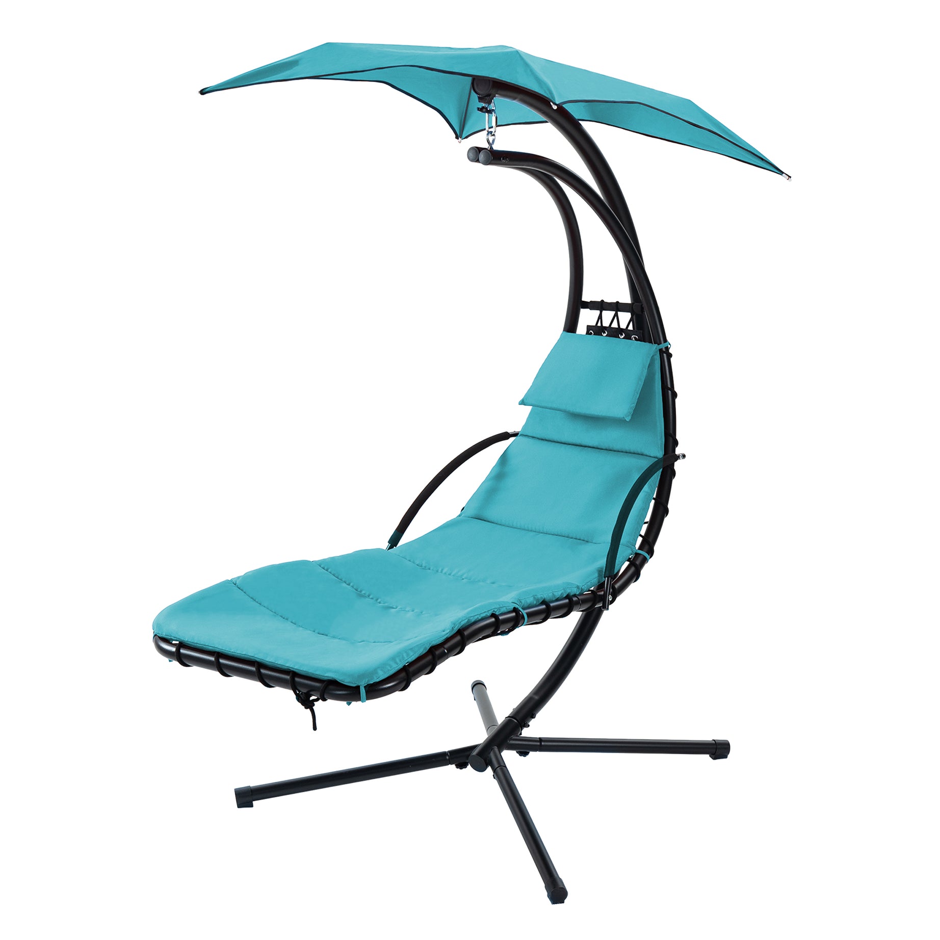 Hanging Chaise Lounger with Removable Canopy, Outdoor Swing Chair with Built-in Pillow, Hanging Curved Chaise Lounge Chair Swing for Patio Porch Poolside, Hammock Chair with Stand (Blue)--1