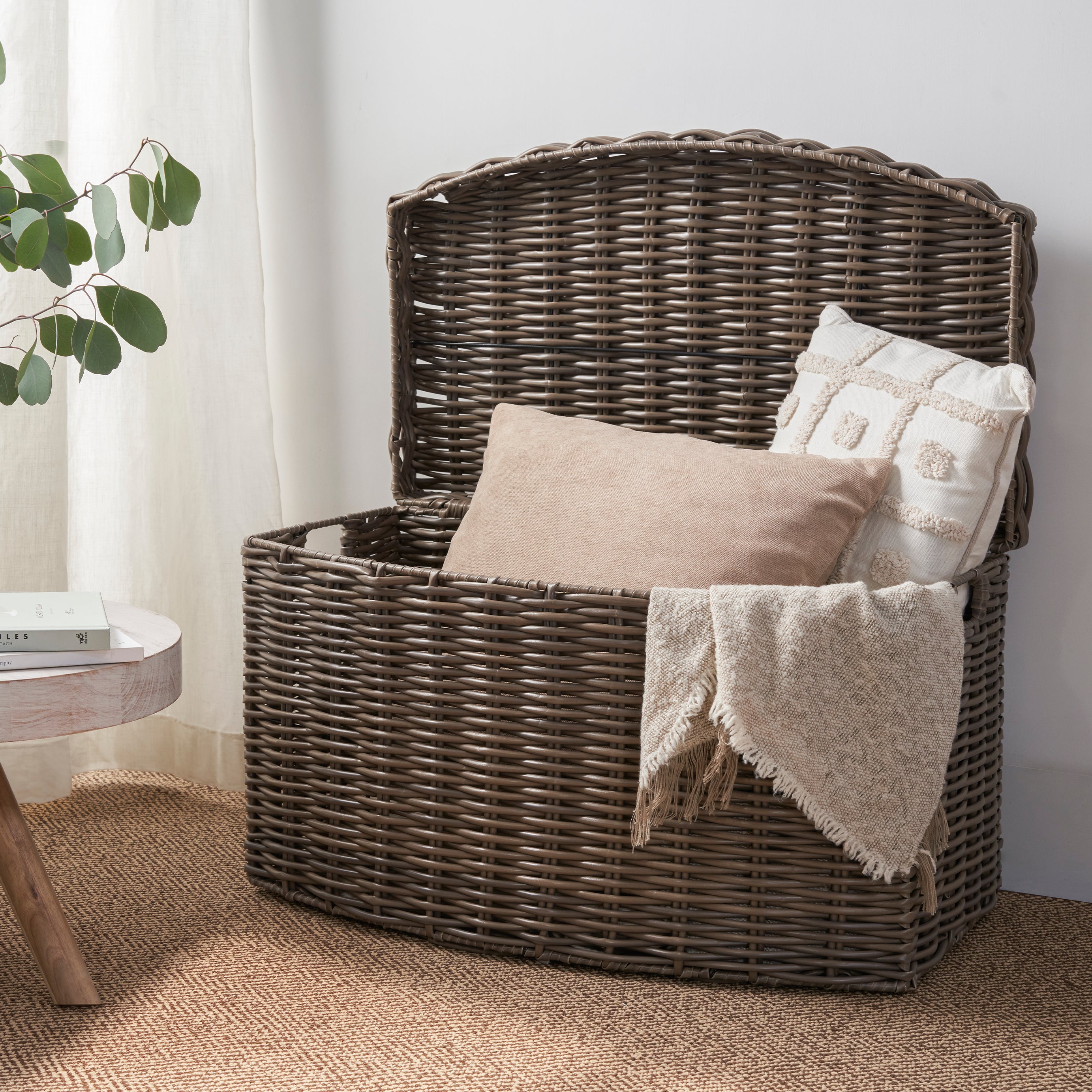 Joseph Rectangular Curve Resin Woven Wicker Trunk with Handles - 24" x 14" x 15" - Chocolate Brown - For Clothes, Towels, Toys, Magazine Storage and Home Decoration--1