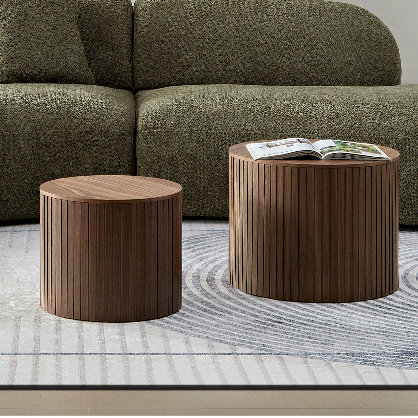 MDF nested table set 2 pieces, handcrafted round coffee table in living/lounge area, walnut color--1