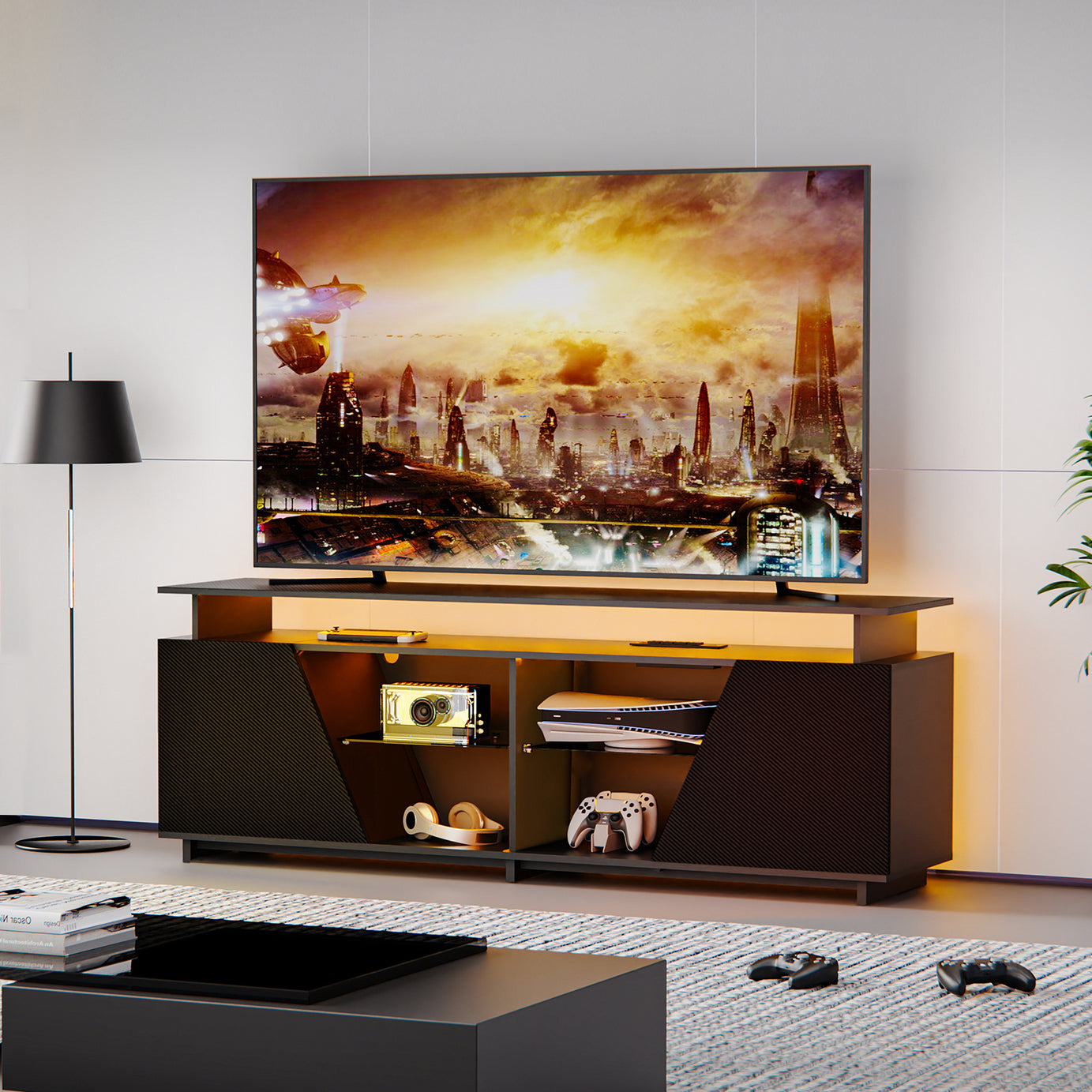 Gaming TV Stand for PS5 with Power Outlet,for TVs 75 inch and Below,LED Entertainment Center,Suitable for Living Room,Bedroom--2