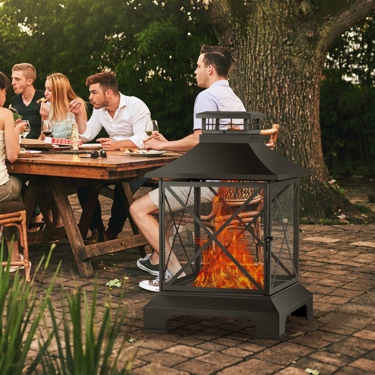 24" Pagoda-Style Steel Wood-Burning Fire Pit with Log Grate and Poker - Black High-Temperature Paint Finish--1