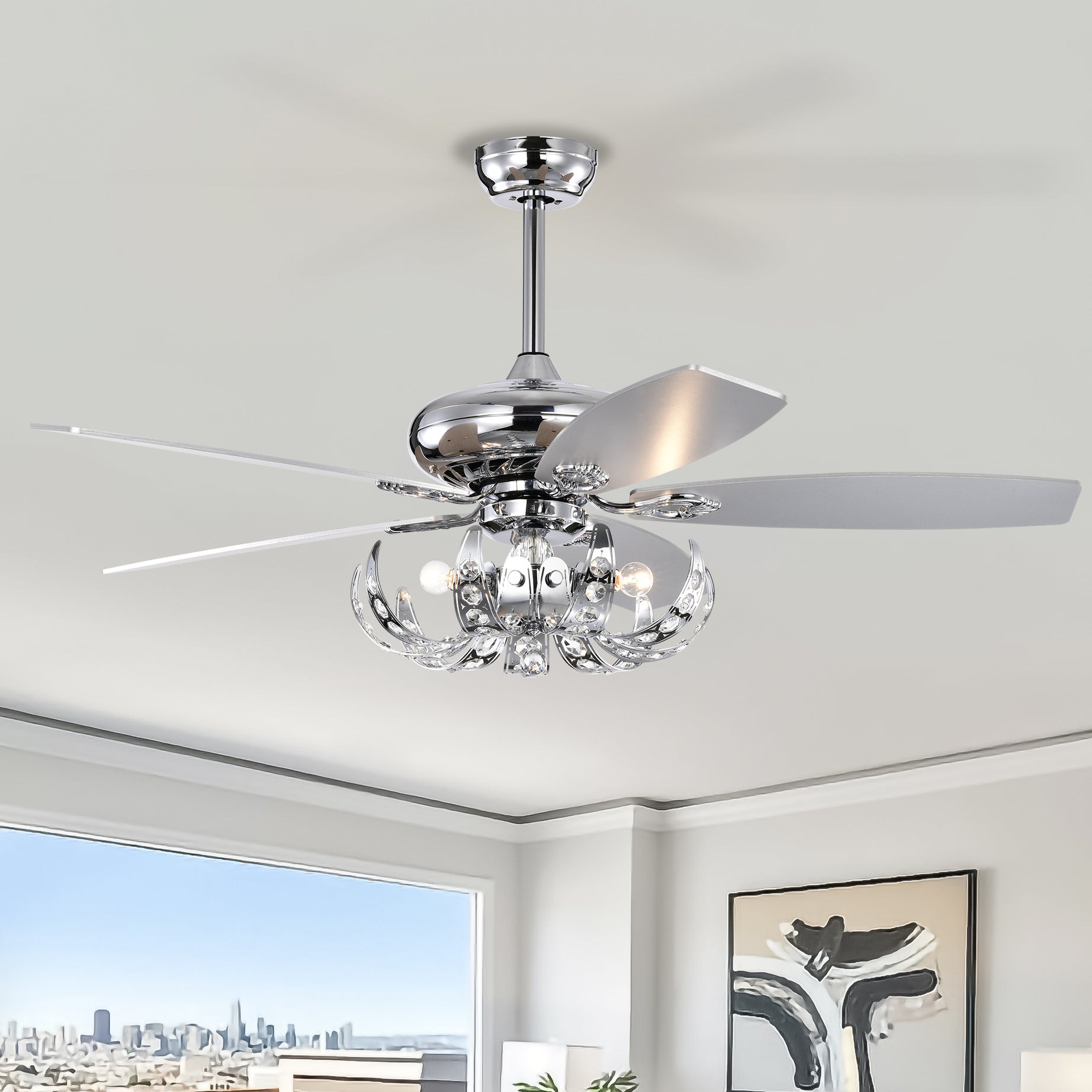 52" Crystal Ceiling Fan with 5 Reversible Blades Light Kit and Remote Control, 3-Speed (High, Mid,Low) Adjustable for Living Room, Bedroom, Kitchen--1