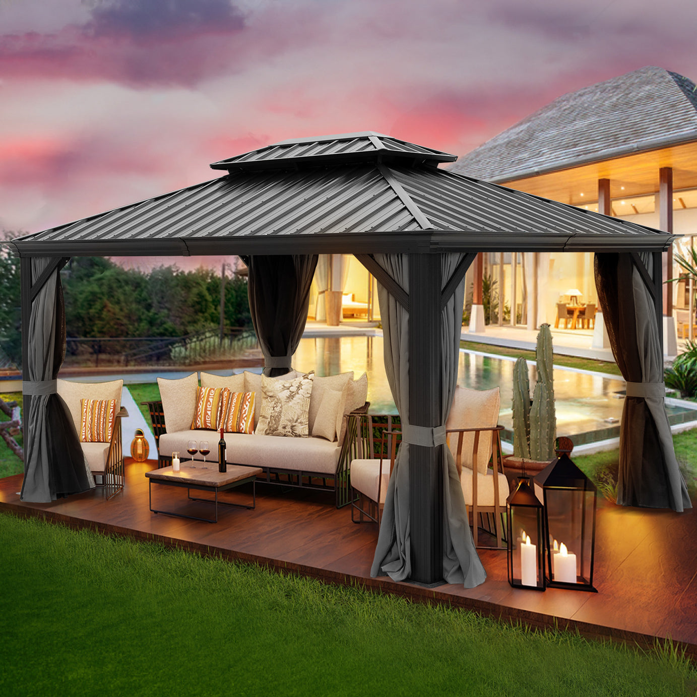 10x12ft Hardtop Gazebo with Netting & Curtain, Black--1