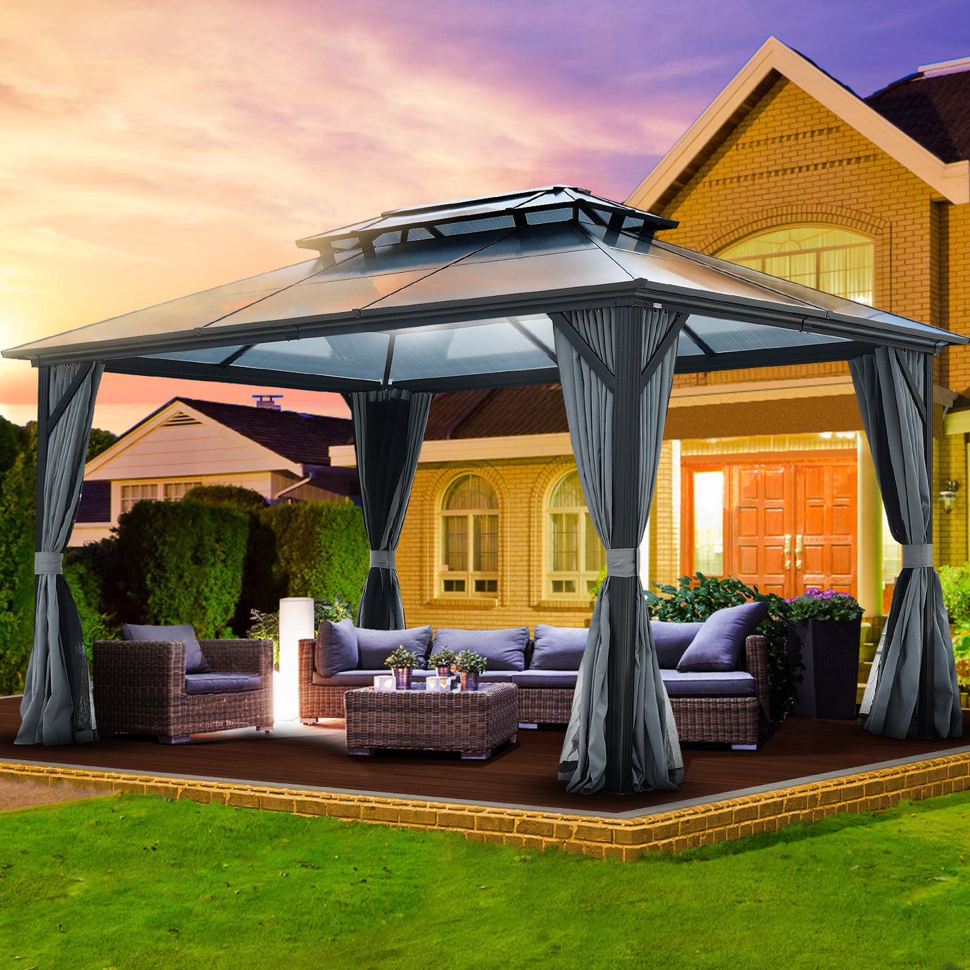 10X13ft Patio Gazebo with Netting & Curtains, Black--1