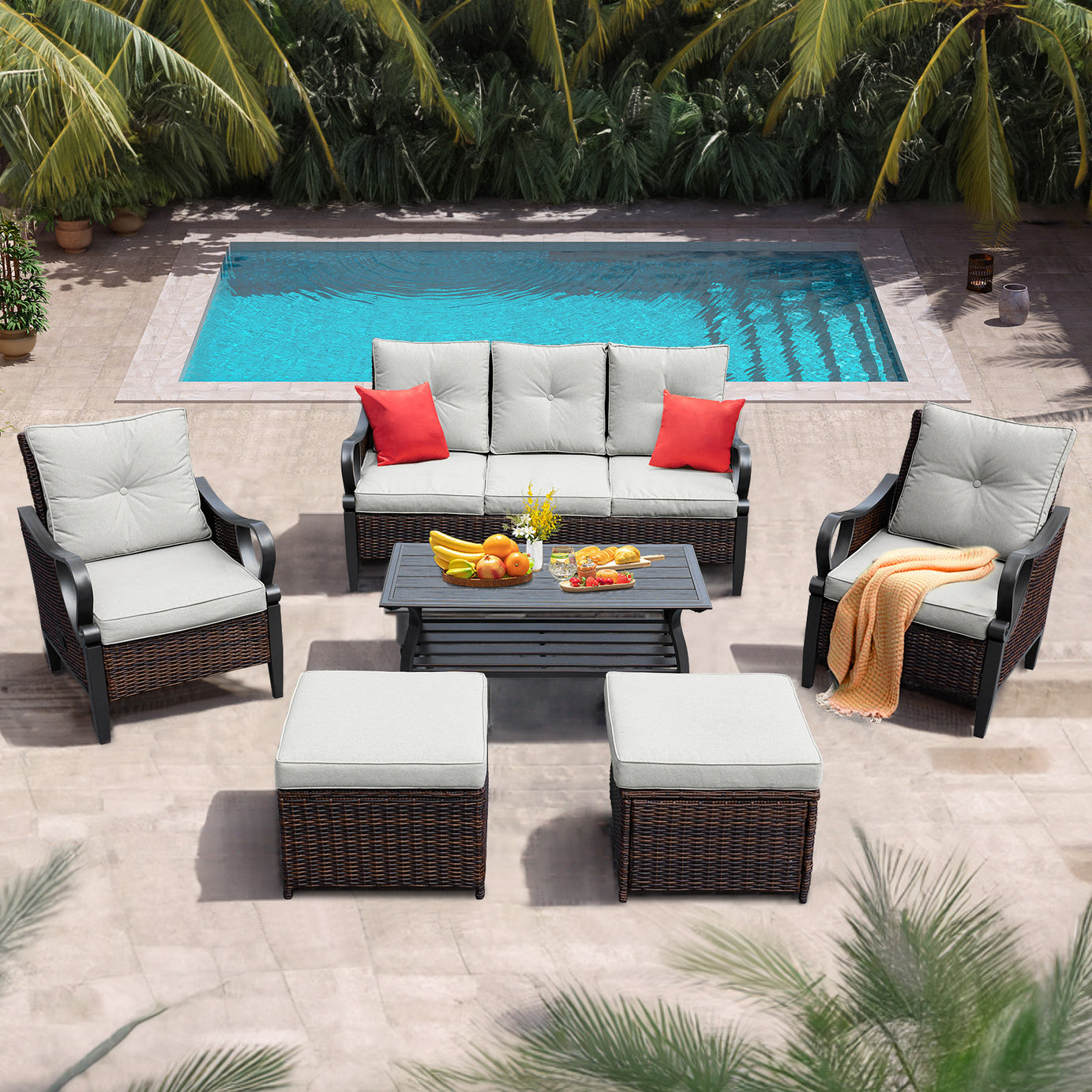 6 Pcs Outdoor Sectional Sofa With Reclining Backrest, Ottomans, Light Gray Cushions--1