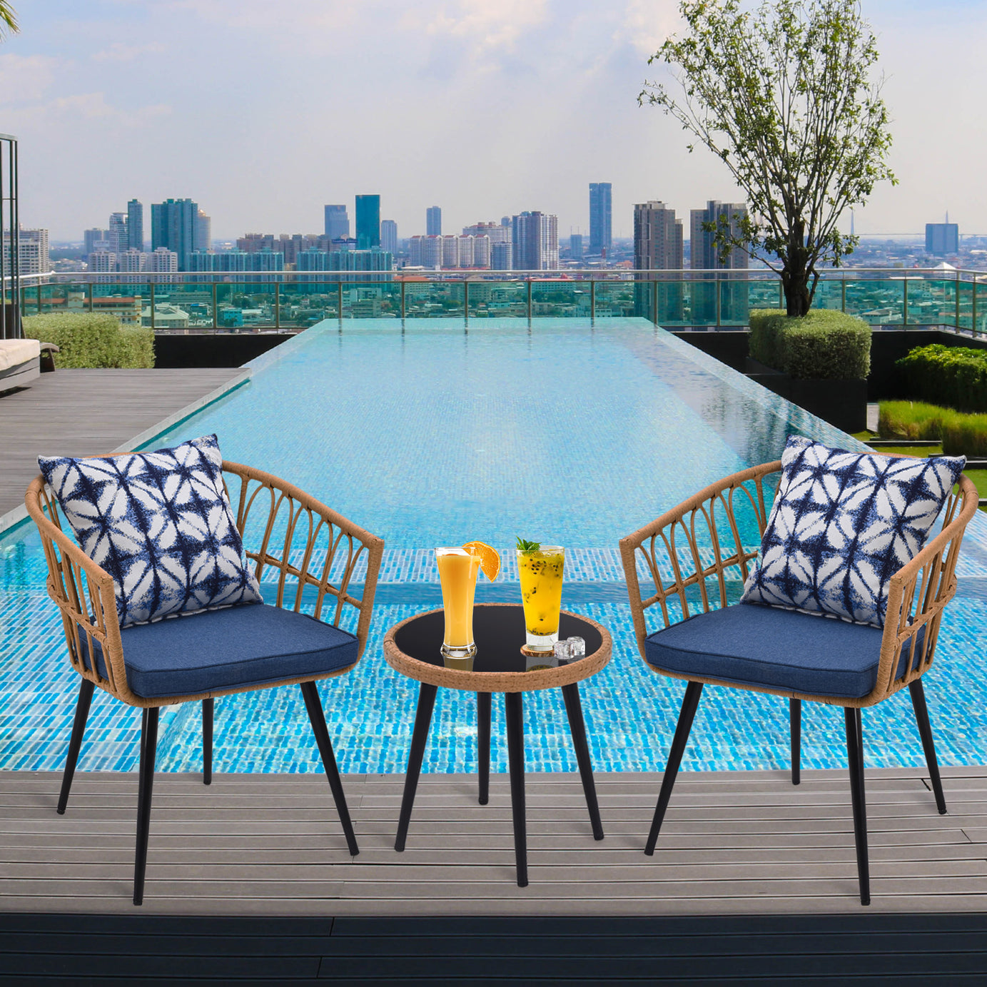 3 Piece Patio Bistro Set with Side Table, Outdoor PE Rattan Conversation Chair Set,Furniture of Coffee Table with Glass Top,Cushions & Lumbar Pillows for Garden,Backyard,Balcony or Poolside(boho Blue)--1