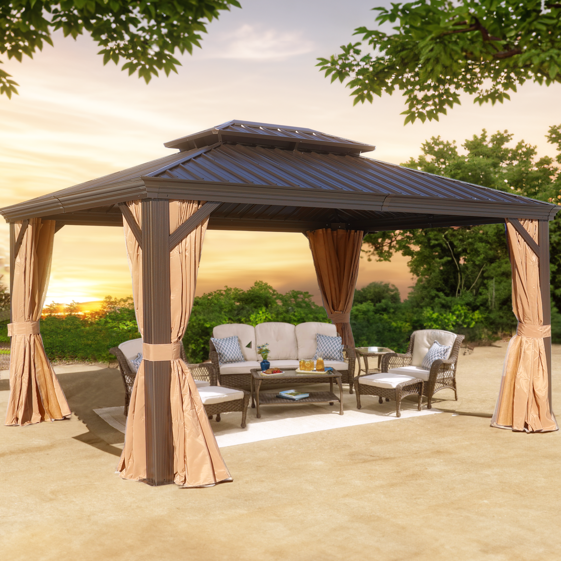 10x12ft Hardtop Gazebo with Netting & Curtain, Brown--1