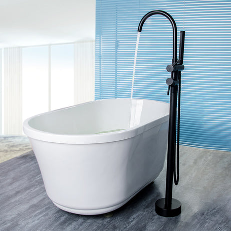 Single Handle Freestanding Tub Filler Floor Mount Bathtub Faucet with Handheld Shower (Black)--1