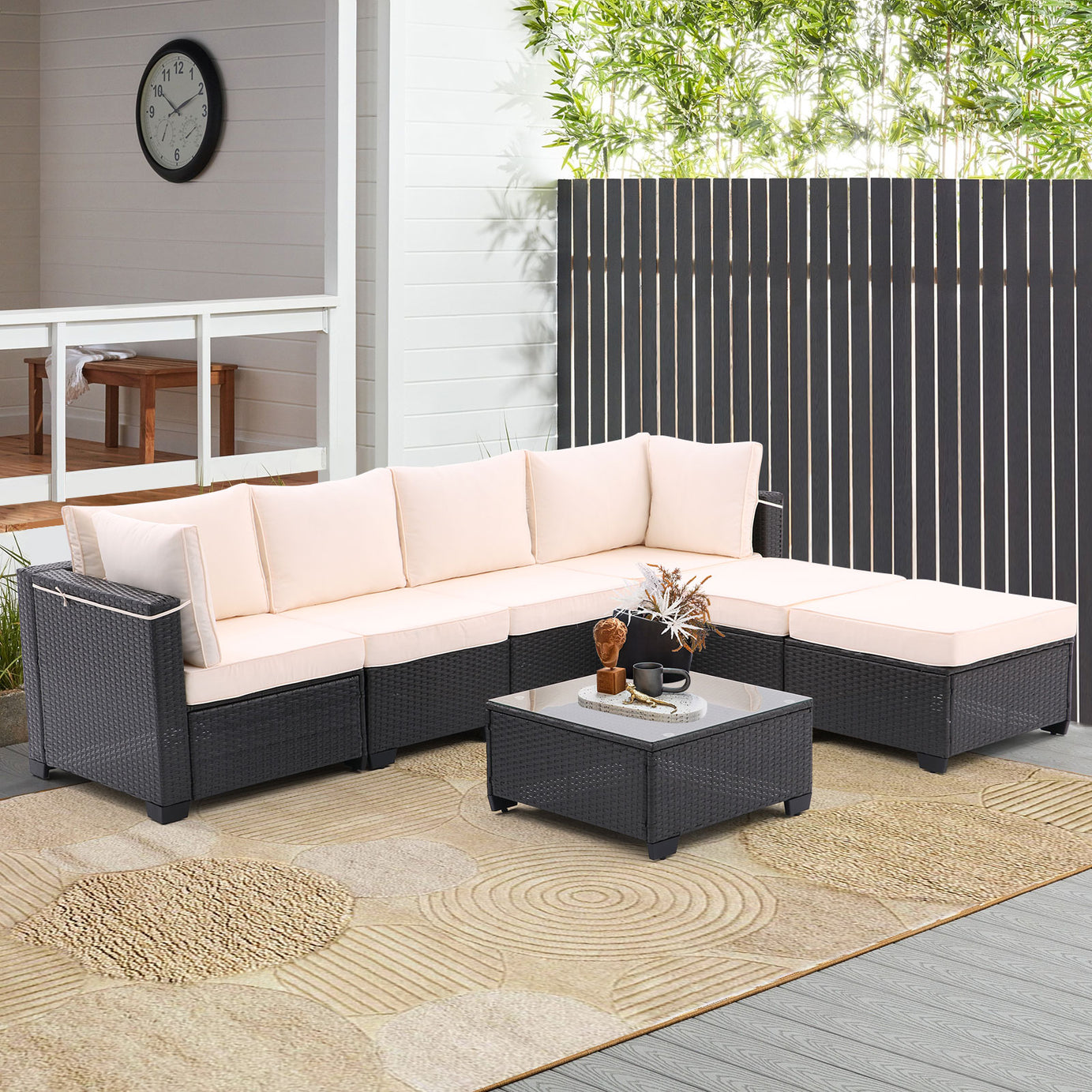 7 Pieces Outdoor Patio Furniture Set,Sectional Conversation Sofa Consisted Of Corner Chairs,Ottomans And Glass Top Table,All Weather PE Rattan and Steel Frame With  Removable Cushions(Coffee+Beige)--1