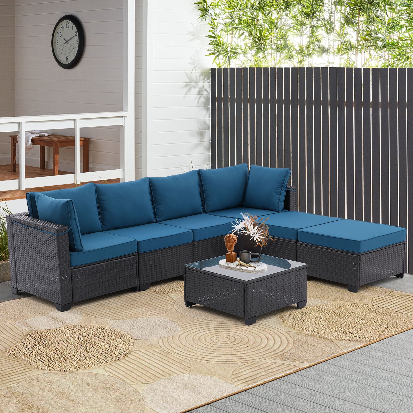 7 Pieces Outdoor Patio Furniture Set,Sectional Conversation Sofa Of Corner Chairs,Ottomans And Glass Top Table,All Weather PE Rattan and Steel Frame With  Removable Cushions(Coffee+Peacock blue)--1