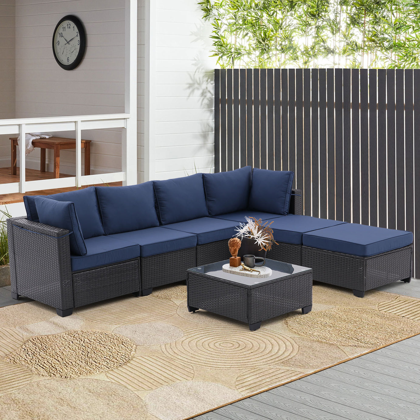 7 Pieces Outdoor Patio Furniture Set,Sectional Conversation Sofa Consisted Of Corner Chairs,Ottomans And Glass Top Table,All Weather PE Rattan and Steel Frame With  Removable Cushions(Coffee+Blue)--1