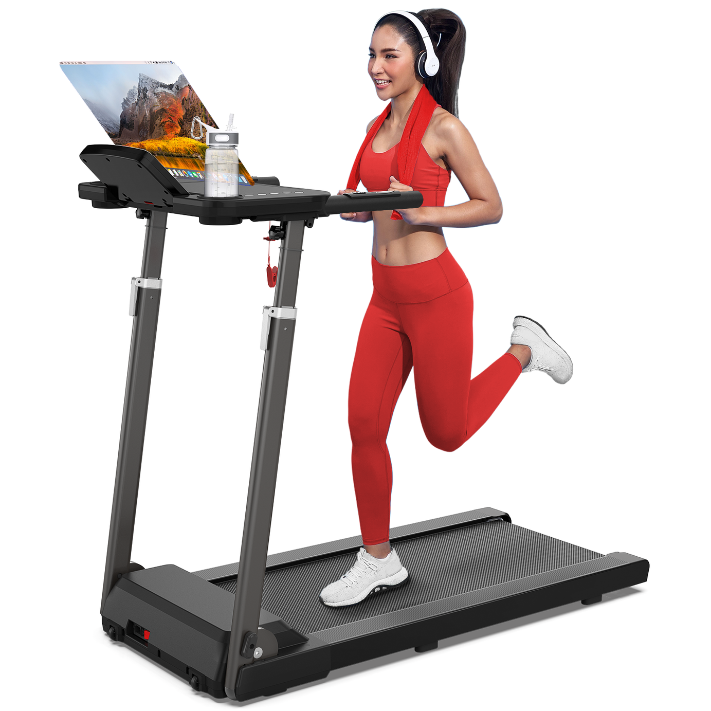 Treadmill with Desk Workstation & Adjustable Height, 300 LBS Weight Capacity, Folding Treadmill with Bluetooth Speaker , Portable Walking Pad Treadmill with Desktop for Home Office--1