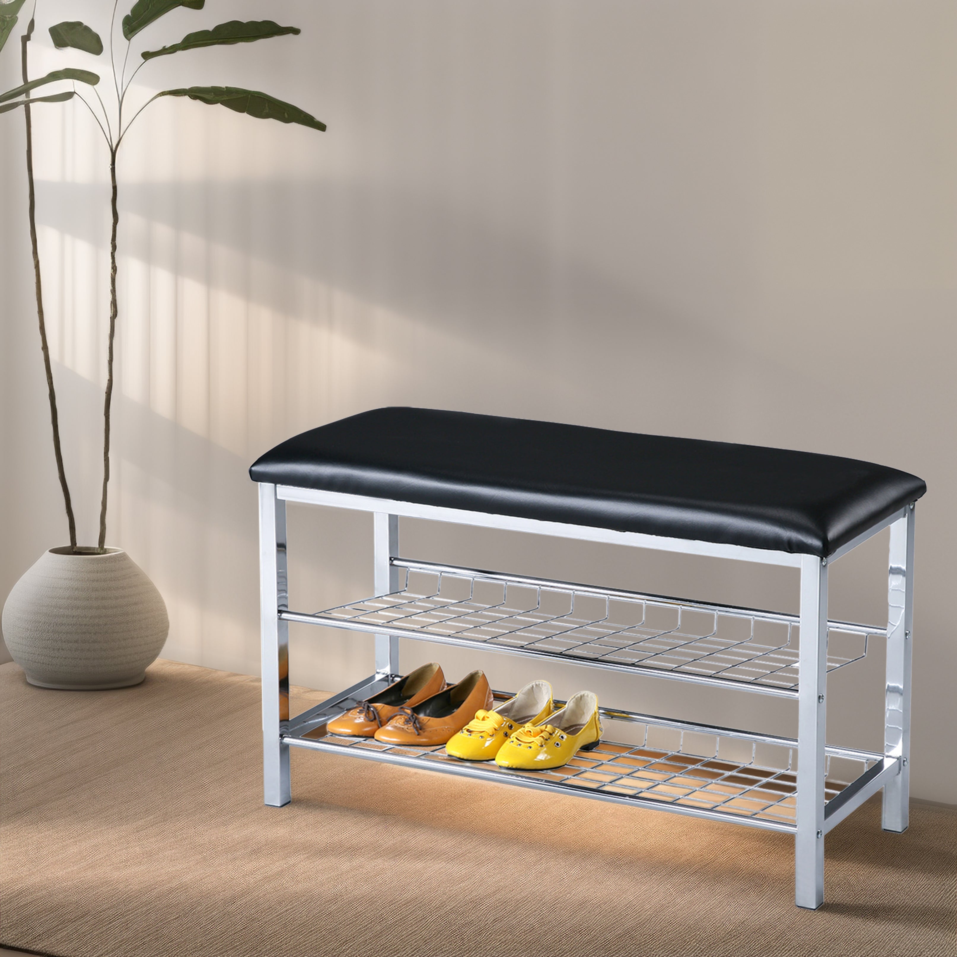 Metal Shoe Bench with Black Faux Leather Seat, Silver--1