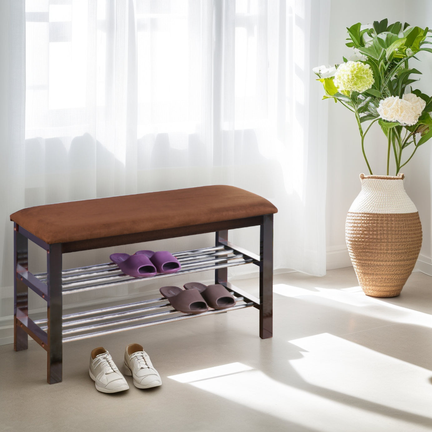 Wood Shoe Bench with Chocolate Microfiber Seat, Espresso--1