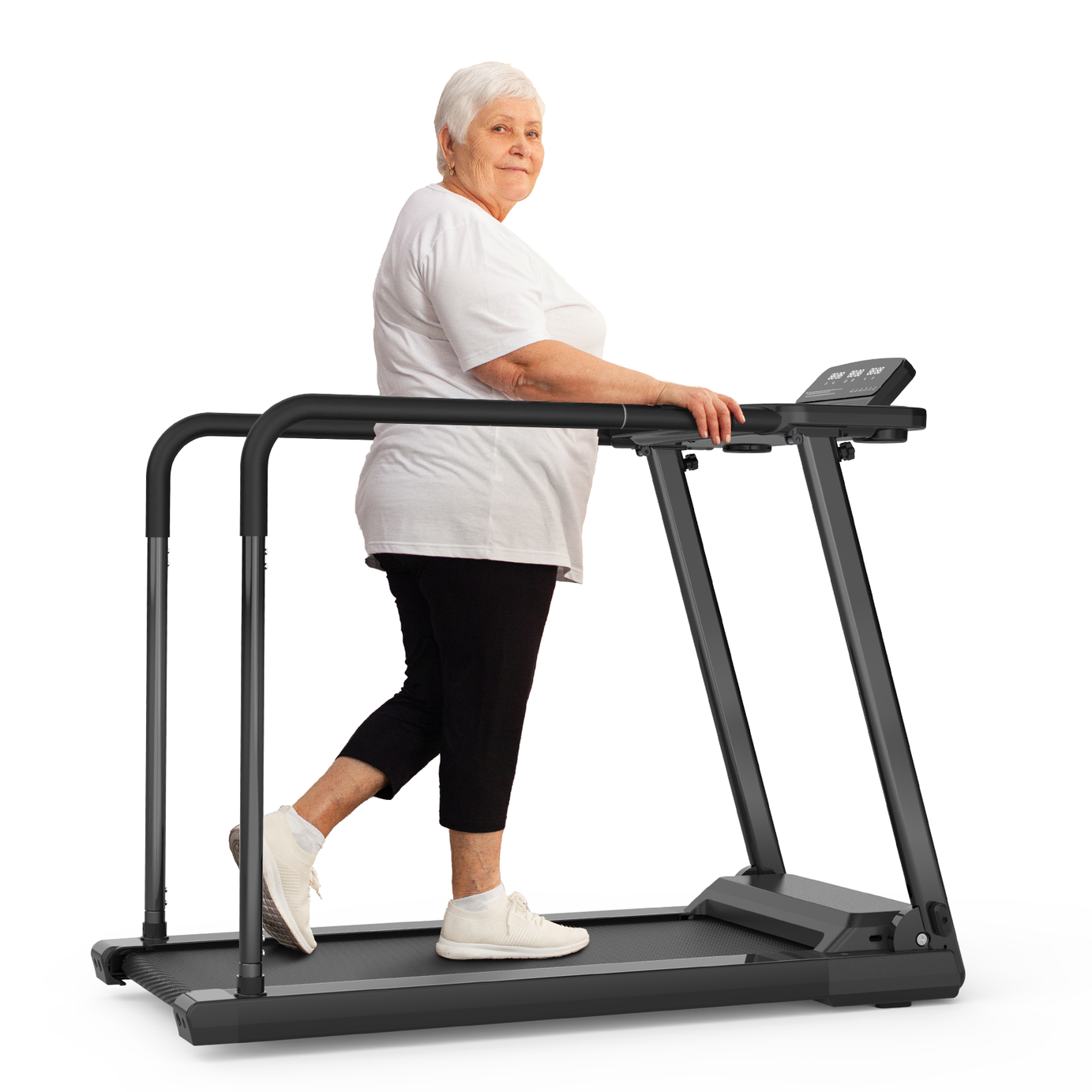 Walking Pad Treadmill for Senior, Foldable Exercise Treadmill with Stable and Safe Structural Design, Large LED Display for Elderly, Long Handrail for Balance, 300 Lbs Capacity--1