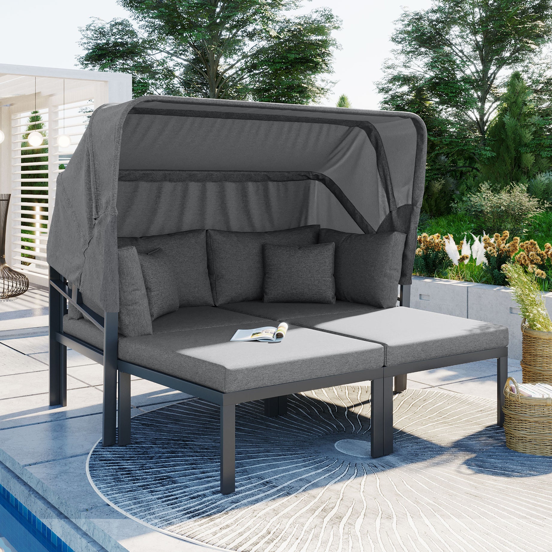 TOPMAX 3-Piece Patio Daybed with Retractable Canopy Outdoor Metal Sectional Sofa Set Sun Lounger with Cushions for Backyard, Porch, Poolside,Grey--1