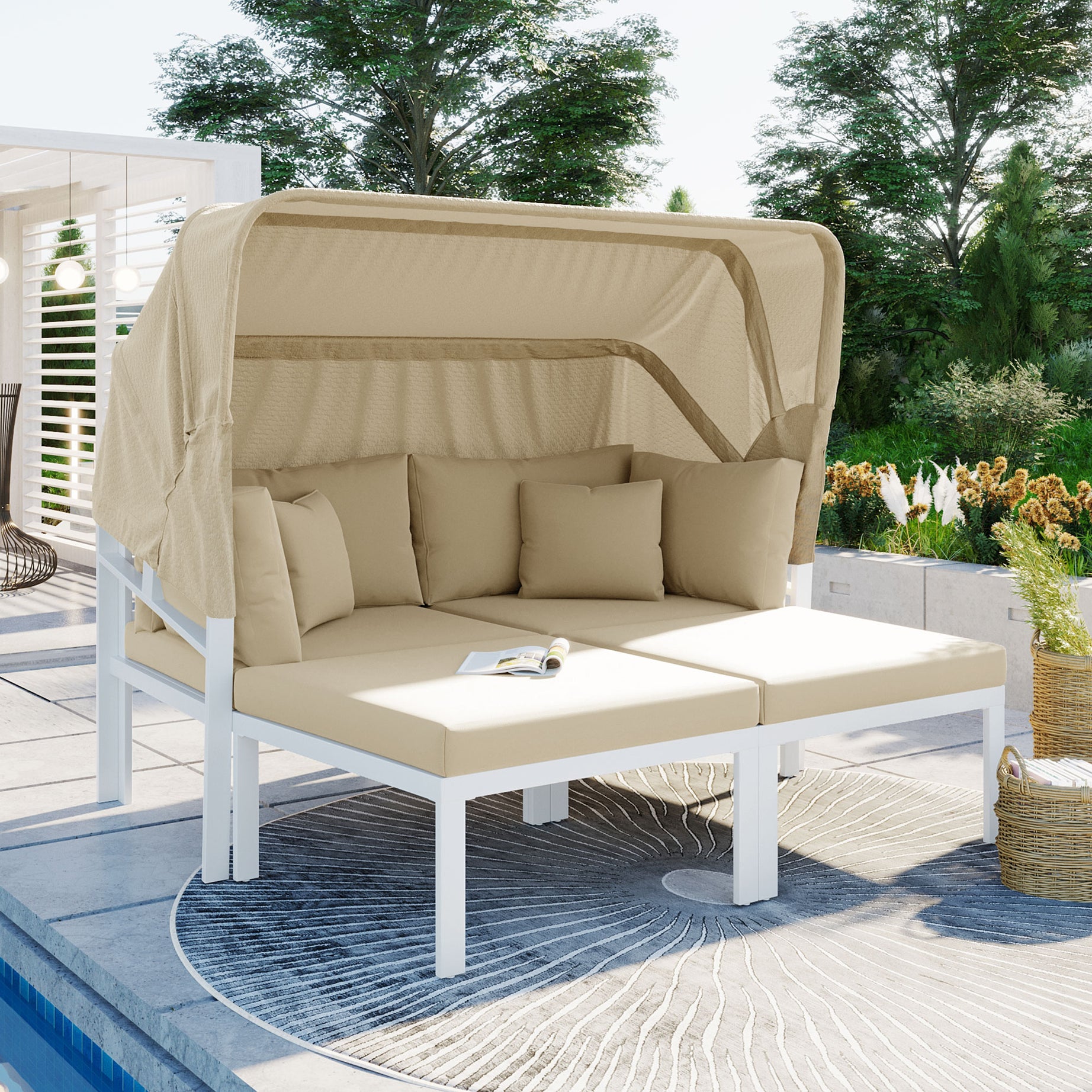 TOPMAX 3-Piece Patio Daybed with Retractable Canopy Outdoor Metal Sectional Sofa Set Sun Lounger with Cushions for Backyard, Porch, Poolside, Beige--1