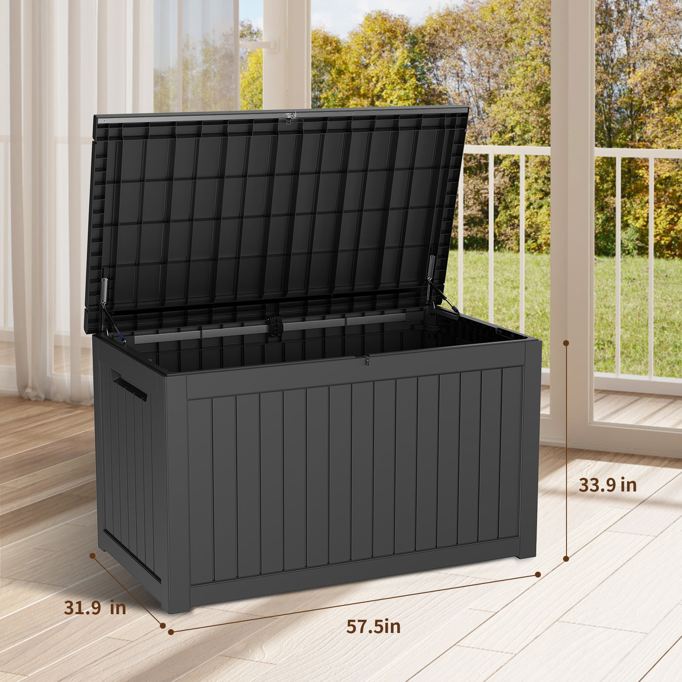 230 Gallon Deck Box, Waterproof Resin Large Outdoor Storgae Box for Patio Furniture, Patio Cushions, Gardening Tools, Pool and Sports Supplies, Lockable (Black)--1