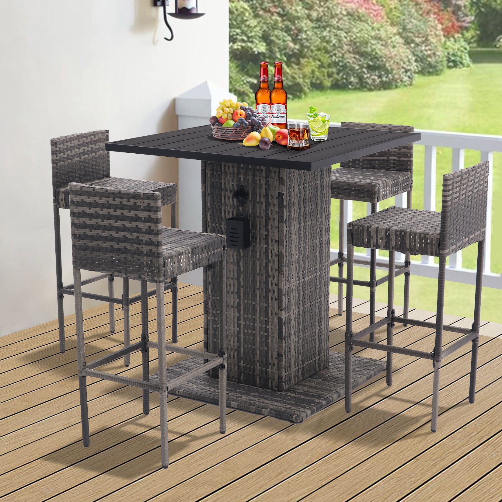 5-Piece Outdoor Conversation Bar Set,All Weather PE Rattan and Steel Frame Patio Furniture With Metal Tabletop and Stools for Patios, Backyards, Porches, Gardens, Poolside  (Gray Gradient)--1