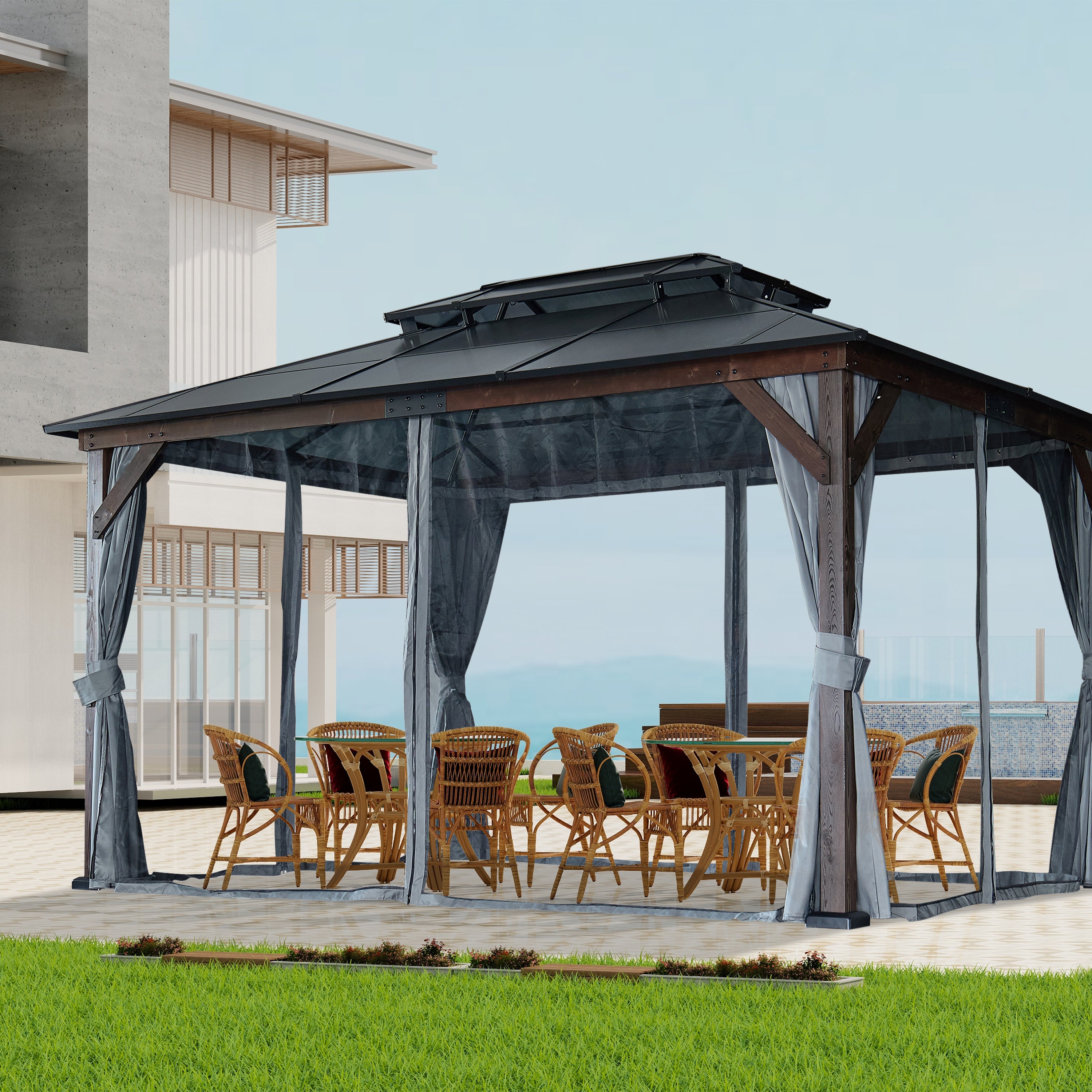 10' x 13' Hardtop Wood Gazebo for Patios, Outdoor  Framed Gazebo with Polycarbonate Double Roof Canopy, Solid Wooden Framed Gazebo with Privacy Curtains and Mosquito Nettings for Garden, Backyard--1