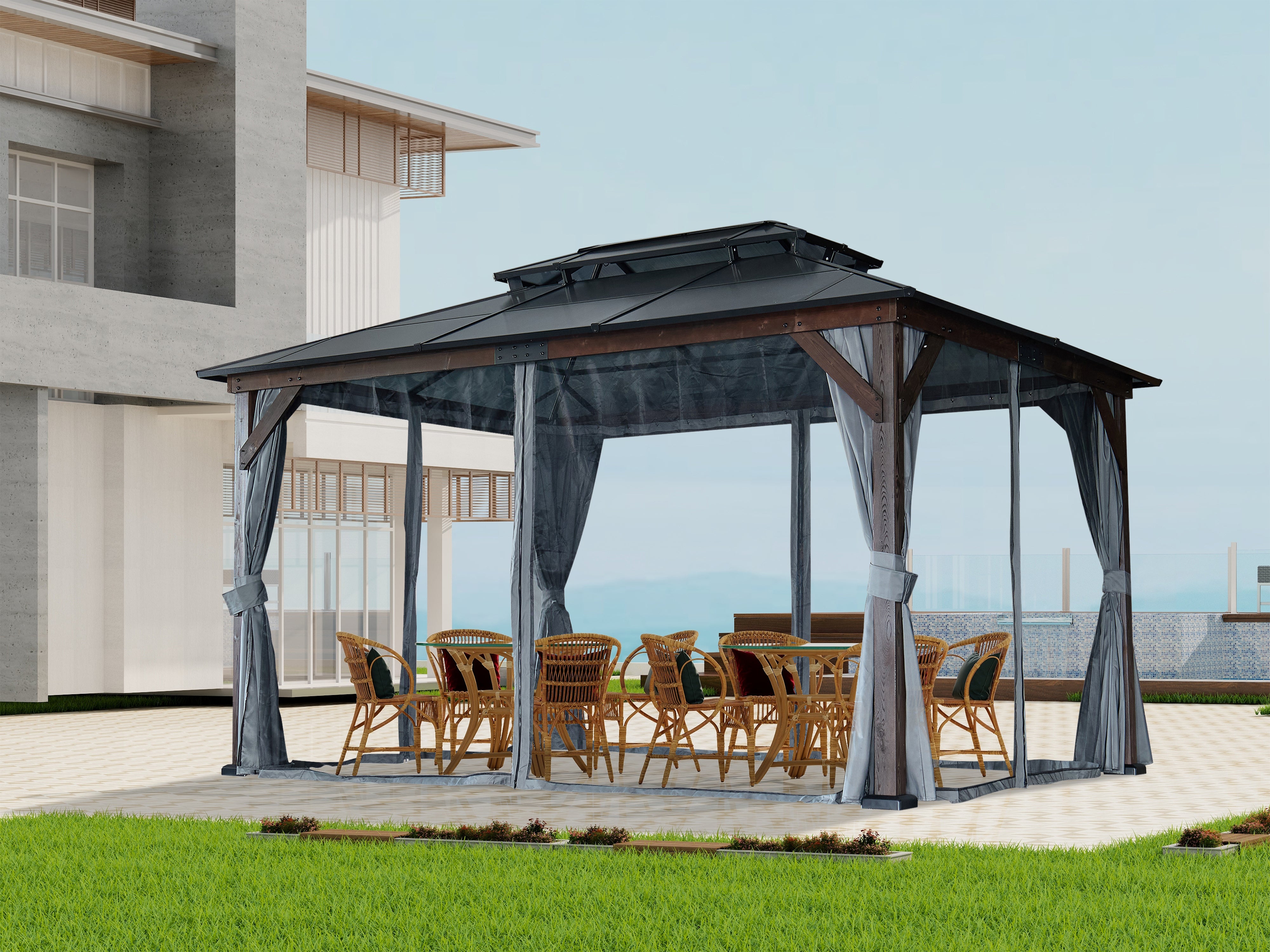 10' x 13' Hardtop Wood Gazebo for Patios, Outdoor  Framed Gazebo with Polycarbonate Double Roof Canopy, Solid Wooden Framed Gazebo with Privacy Curtains and Mosquito Nettings for Garden, Backyard--1