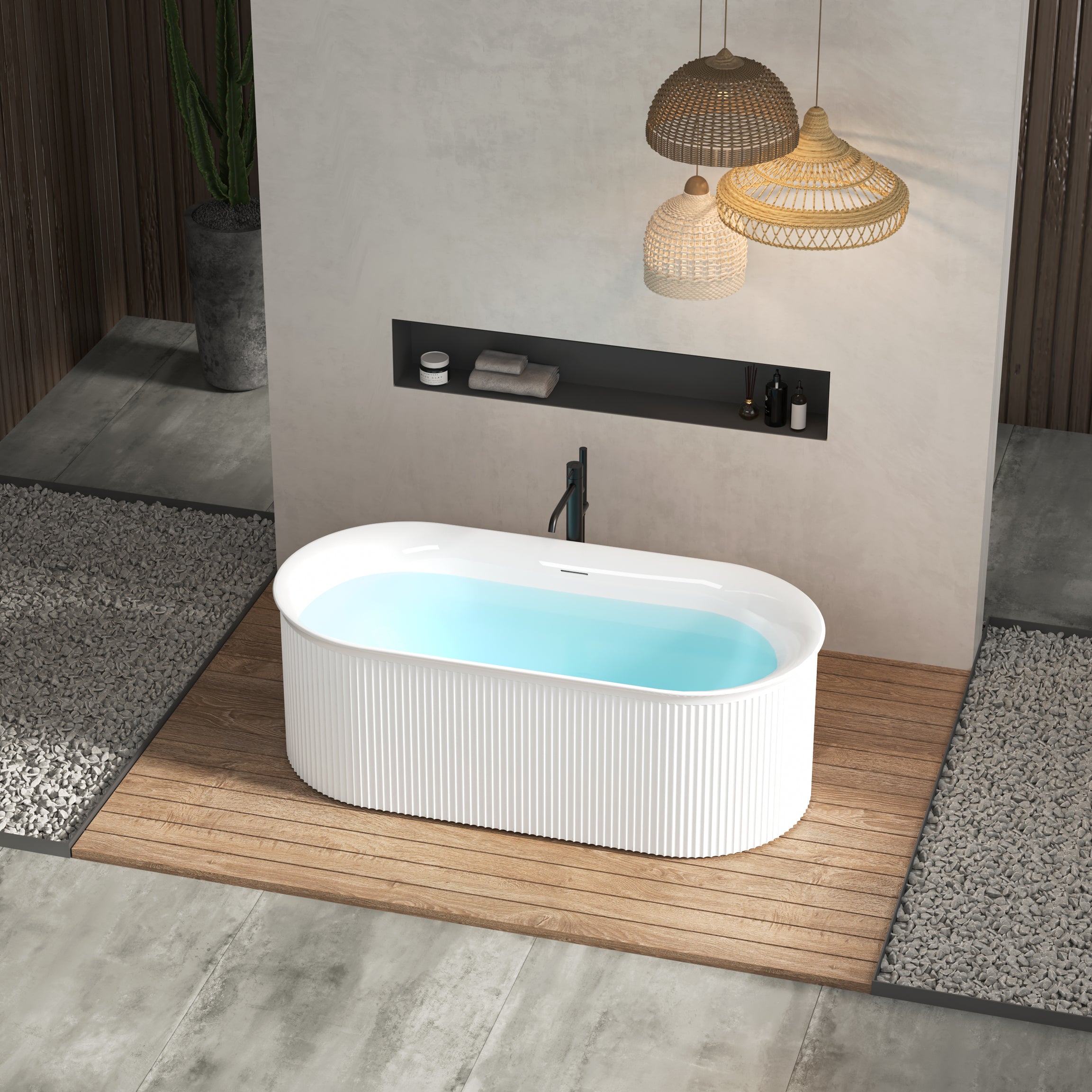 67" Acrylic Freestanding Bathtub-Acrylic Soaking Tubs, Fluted style-Gloss White Freestanding Bathtub With Integrated Slotted Overflow and Brushed Nickel Toe-tap Drain, 02149-BN--2