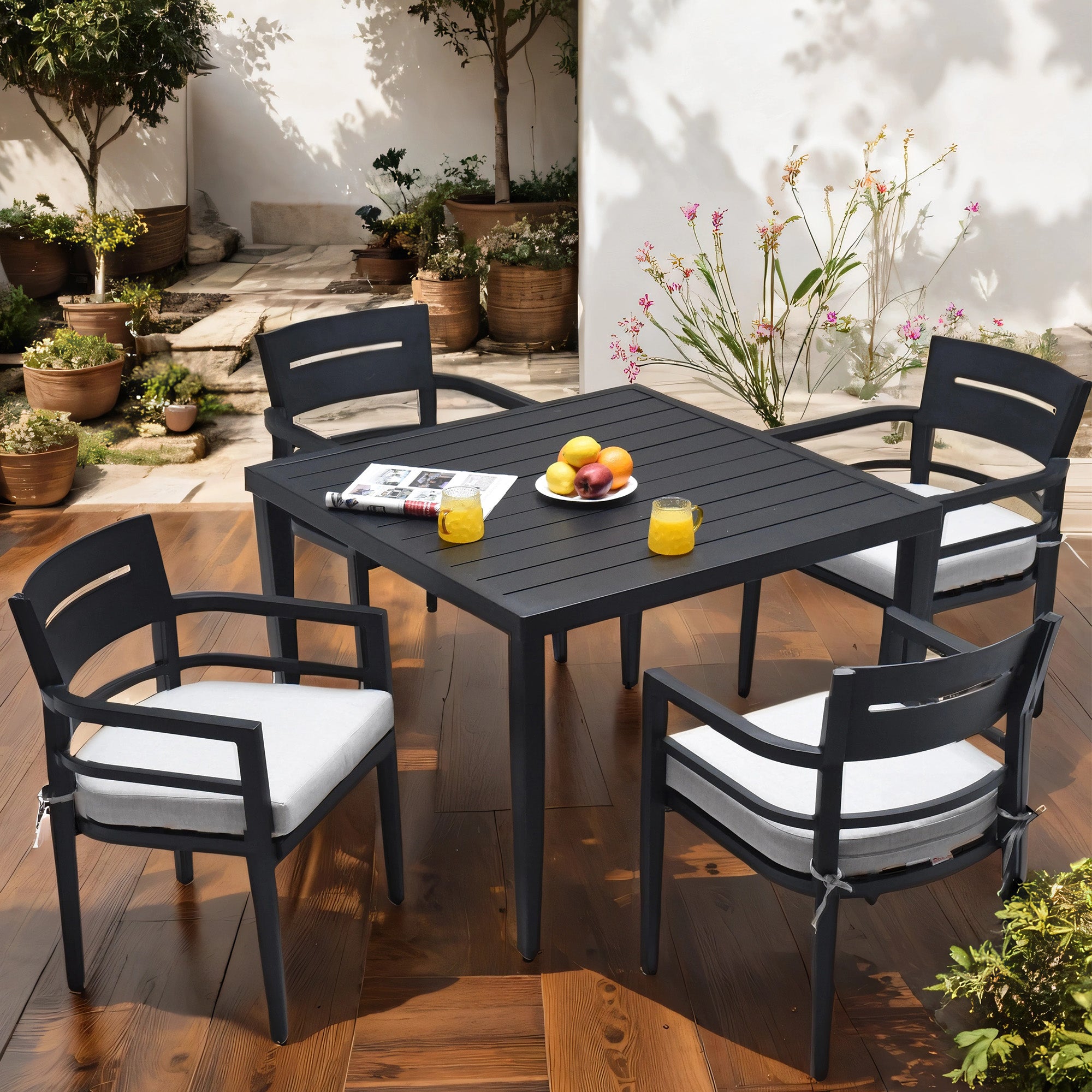 5-Piece Outdoor Patio Aluminum Furniture, Modern Dining Set, including 4 Dining Chairs Sunbrella Fabric Cushioned and 40" Square Dining Table with Umbrella Hole, Ember Black--1