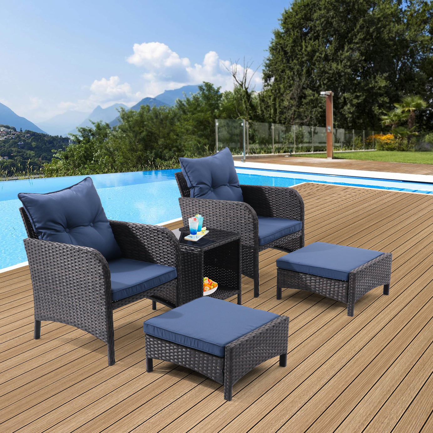 5 Piece Outdoor Patio Furniture Set,All Weather PE Rattan Conversation Chairs with Armrest and Removable Cushions,Ottomans and Storage Coffee Table for Poolside Garden Balcony Deck(Peacock Blue)--1