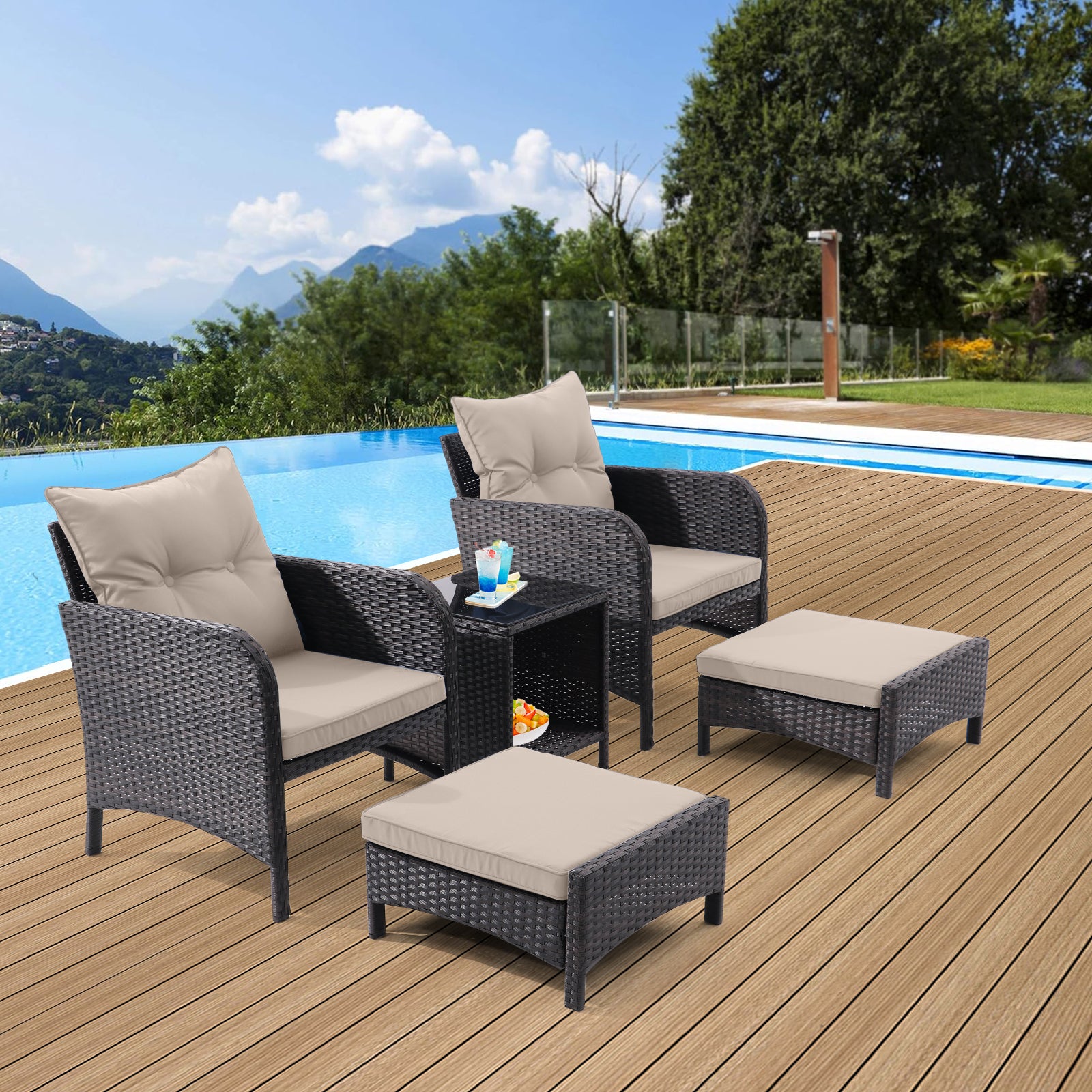 5 Piece Outdoor Patio Furniture Set,All Weather PE Rattan Conversation Chairs with Armrest and Removable Cushions,Ottomans and Storage Coffee Table for Poolside Garden Balcony Deck(Dust Grey)--1