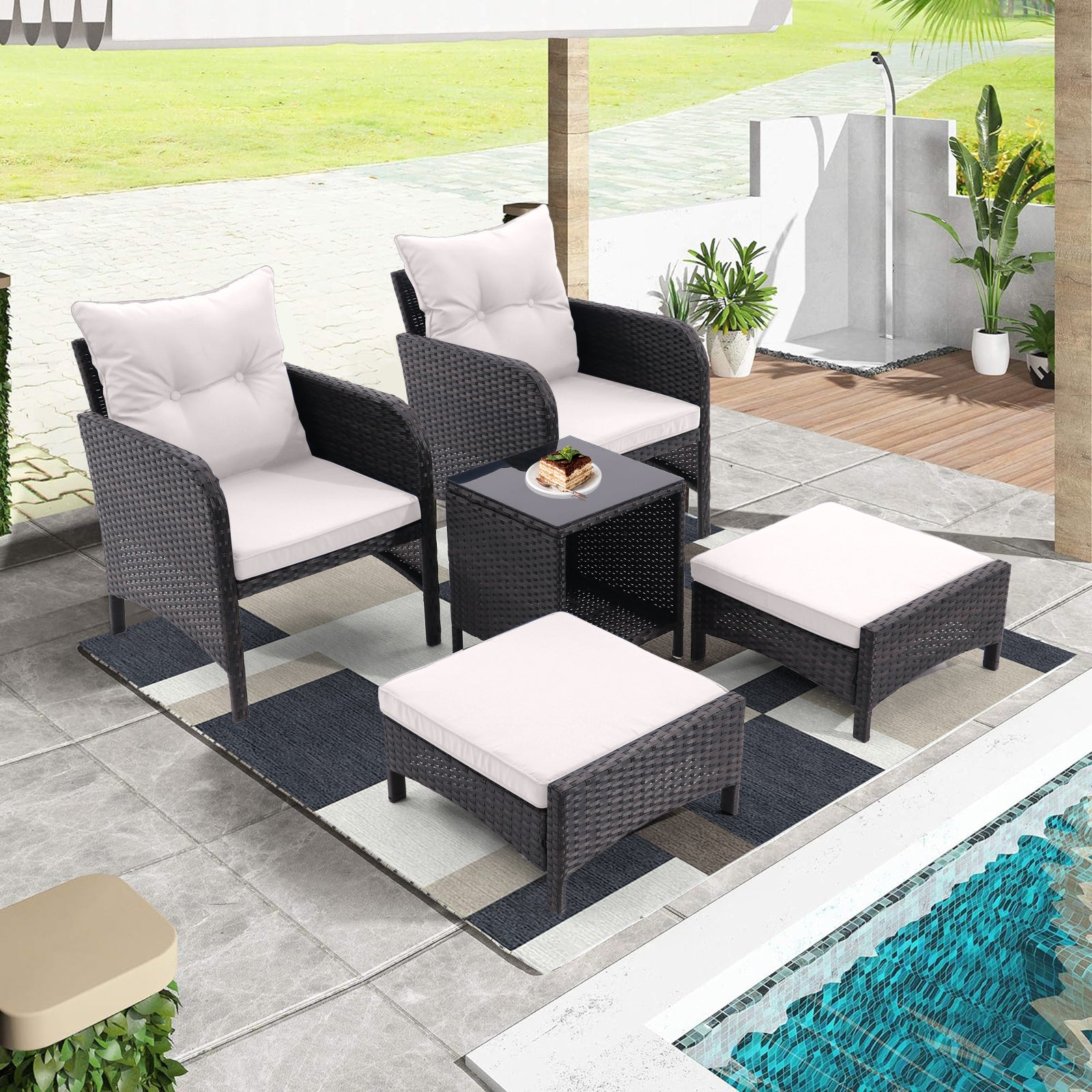 5 Piece Outdoor Patio Furniture Set,All Weather PE Rattan Conversation Chairs with Armrest and Removable Cushions,Ottomans and Storage Coffee Table for Poolside Garden Balcony Deck(Beige)--1