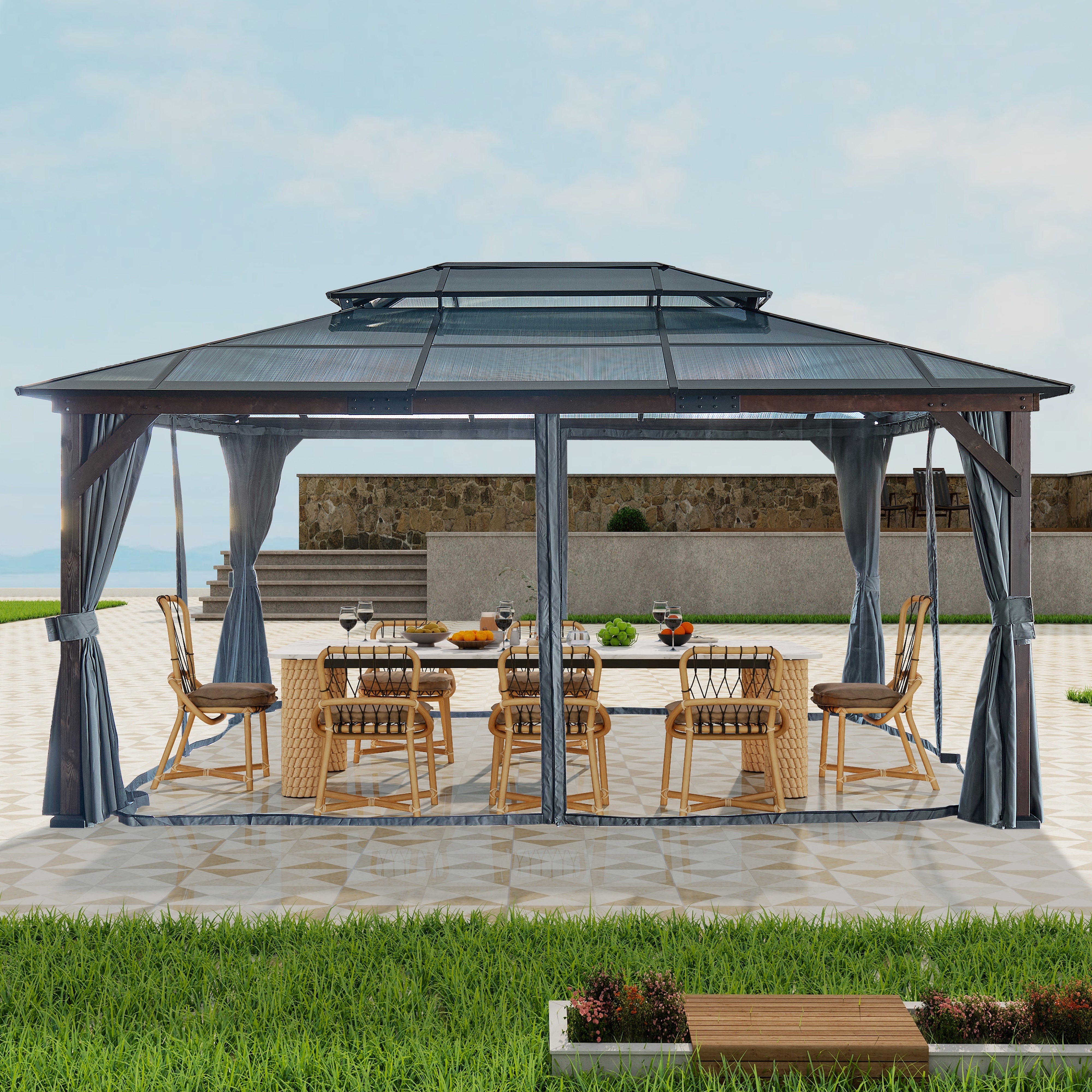 12' x 16' Hardtop Wood Gazebo for Patios, Outdoor Framed Gazebo with Polycarbonate Double Roof Canopy, Solid Wooden Framed Gazebo with Privacy Curtains and Mosquito Nettings for Garden, Backyard--1