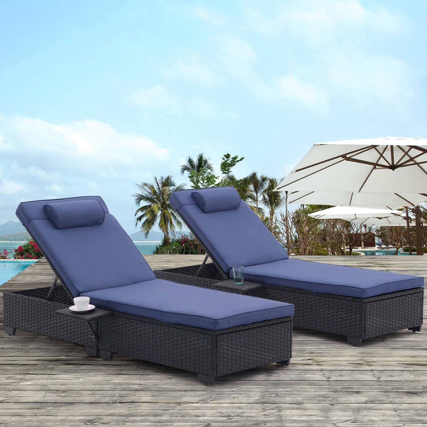 Outdoor Patio Chaise Lounge Chair,Lying in bed with PE Rattan and Steel Frame,PE Wickers,Pool Recliners with Elegant Reclining Adjustable Backrest and Removable Cushions Sets of 2(Black+Navy Blue)--1