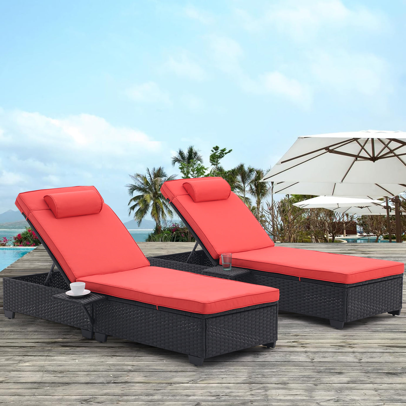 Outdoor Patio Chaise Lounge Chair,Lying in bed with PE Rattan and Steel Frame,PE Wickers,Pool Recliners with Elegant Reclining Adjustable Backrest and Removable Cushions Sets of 2(Black+Red)--1