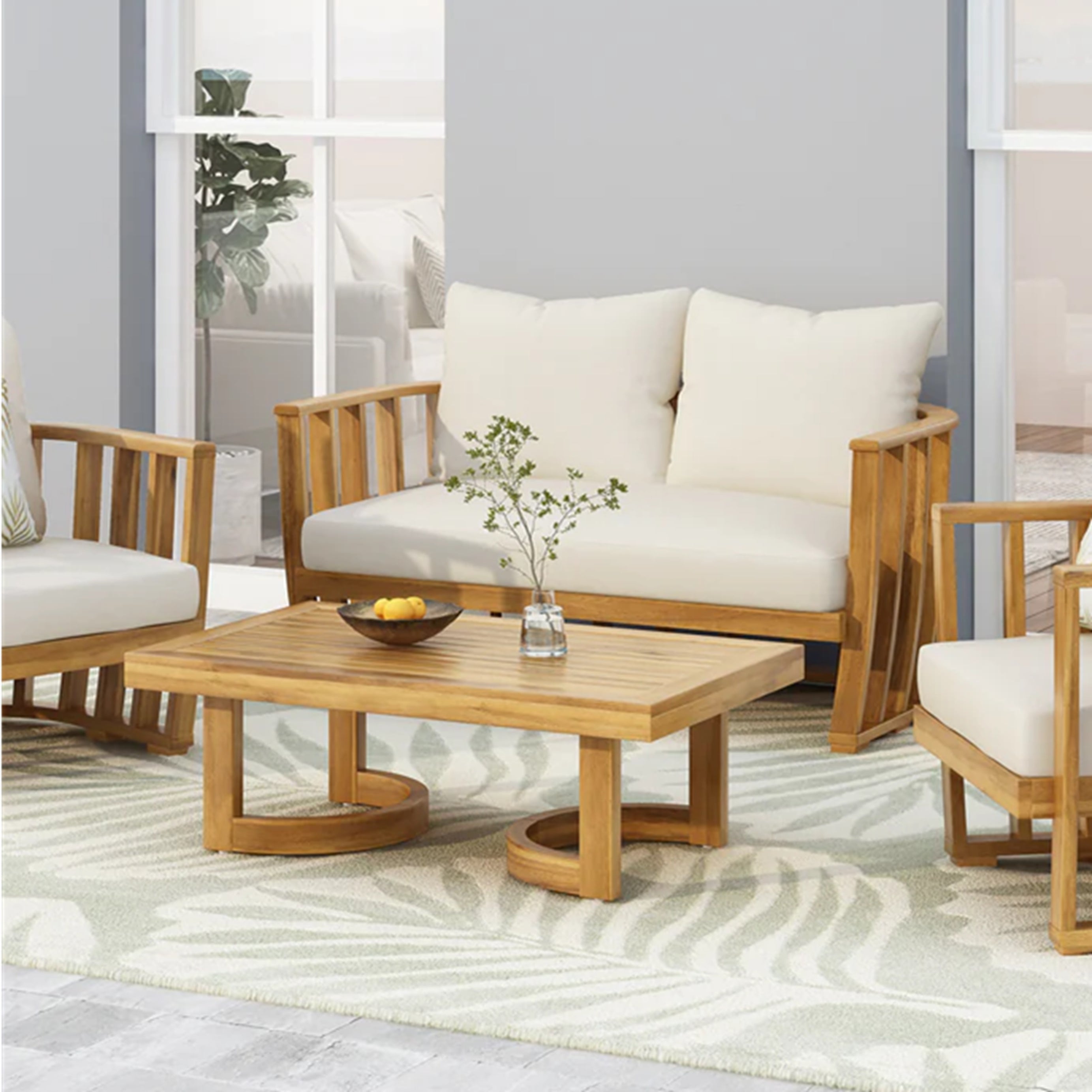 Outdoor Acacia Wood Loveseat and Coffee Table Set with Cushions, Teak, Beige--1