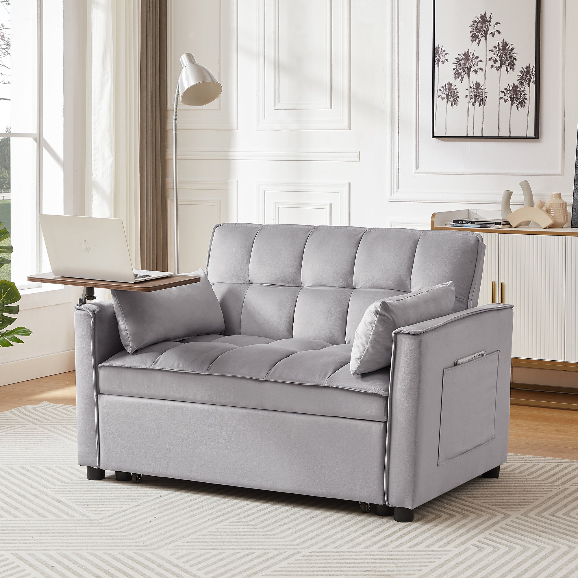 Grey Velvet Loveseat Sofa Bed--1