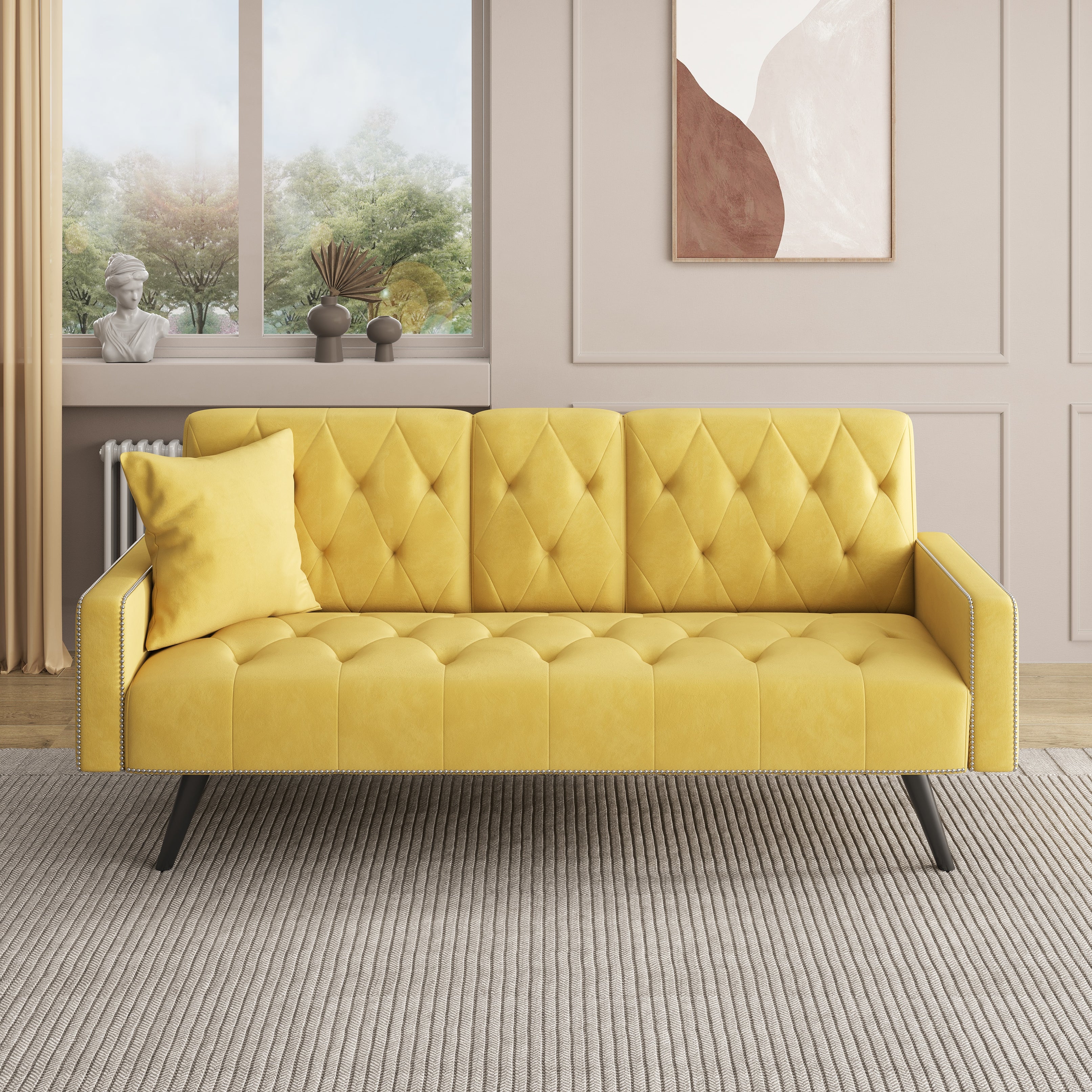 1730 Sofa Bed Armrest with Nail Head Trim with Two Cup Holders 72" Yellow Velvet Sofa for Small Spaces--1