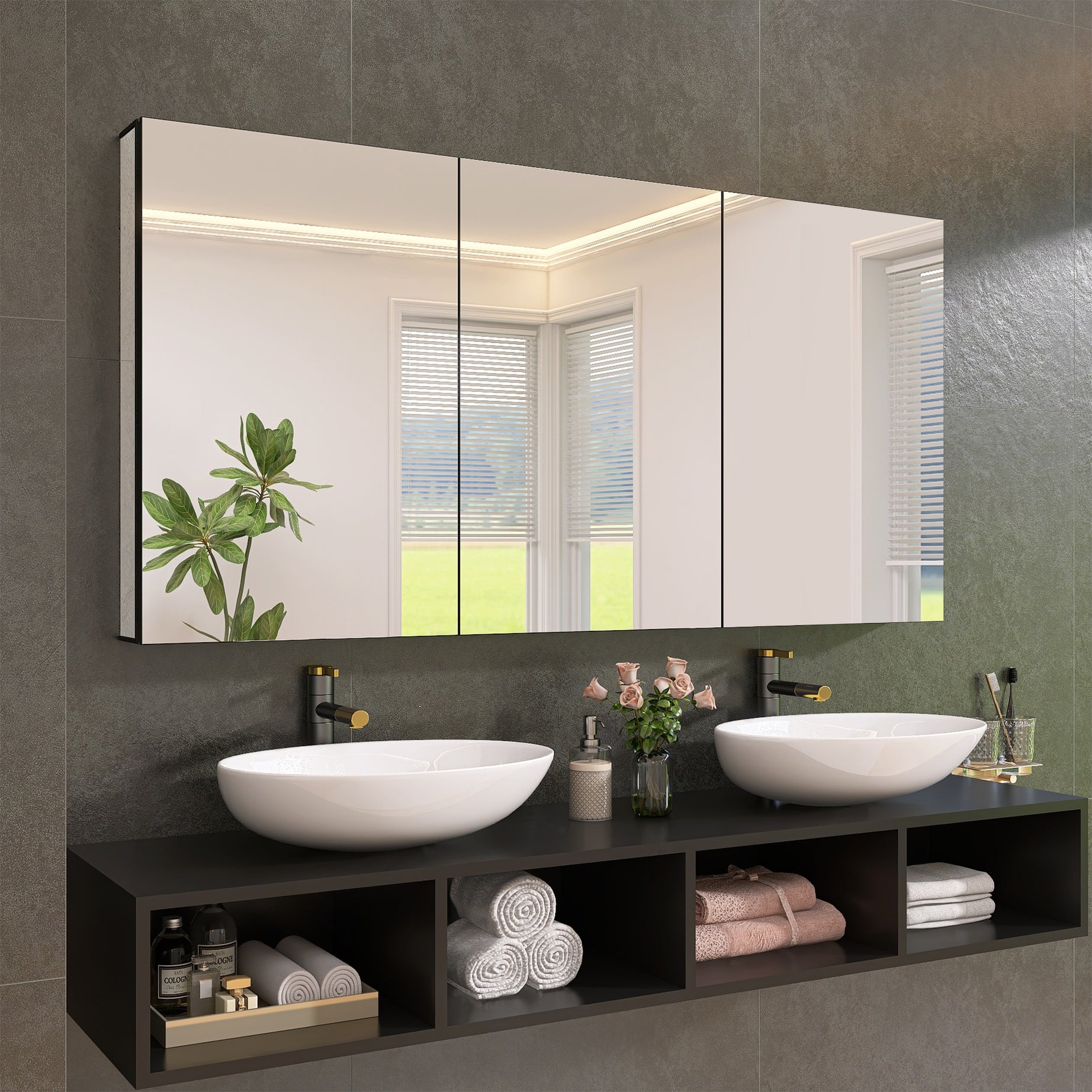 60" x 30" Black Medicine Cabinets with Mirror Recessed or Surface Wall-Mounted Aluminum Alloy Vanity Mirror with Storage--1