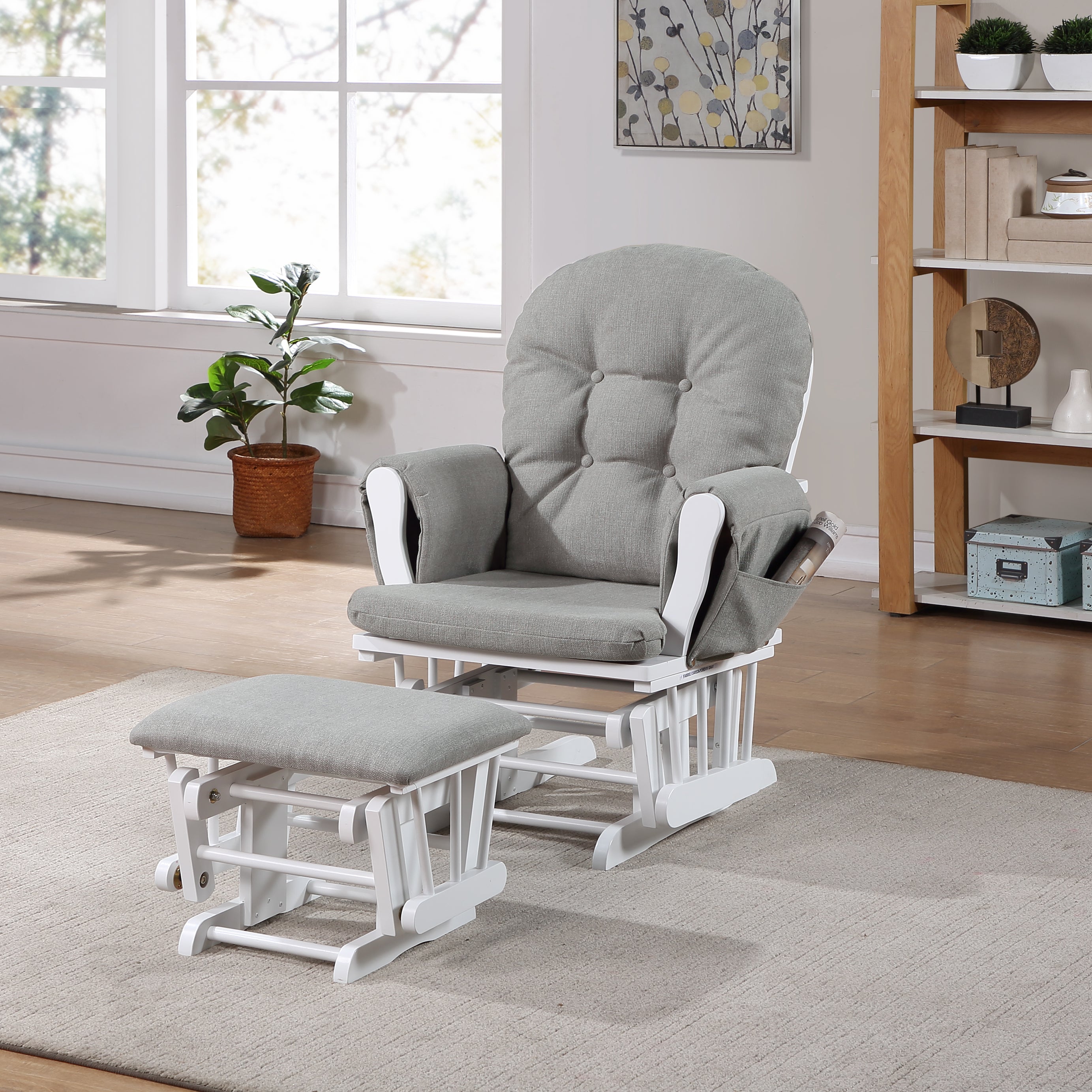 Mason Glider and Ottoman White Wood and Oyster Fabric--1