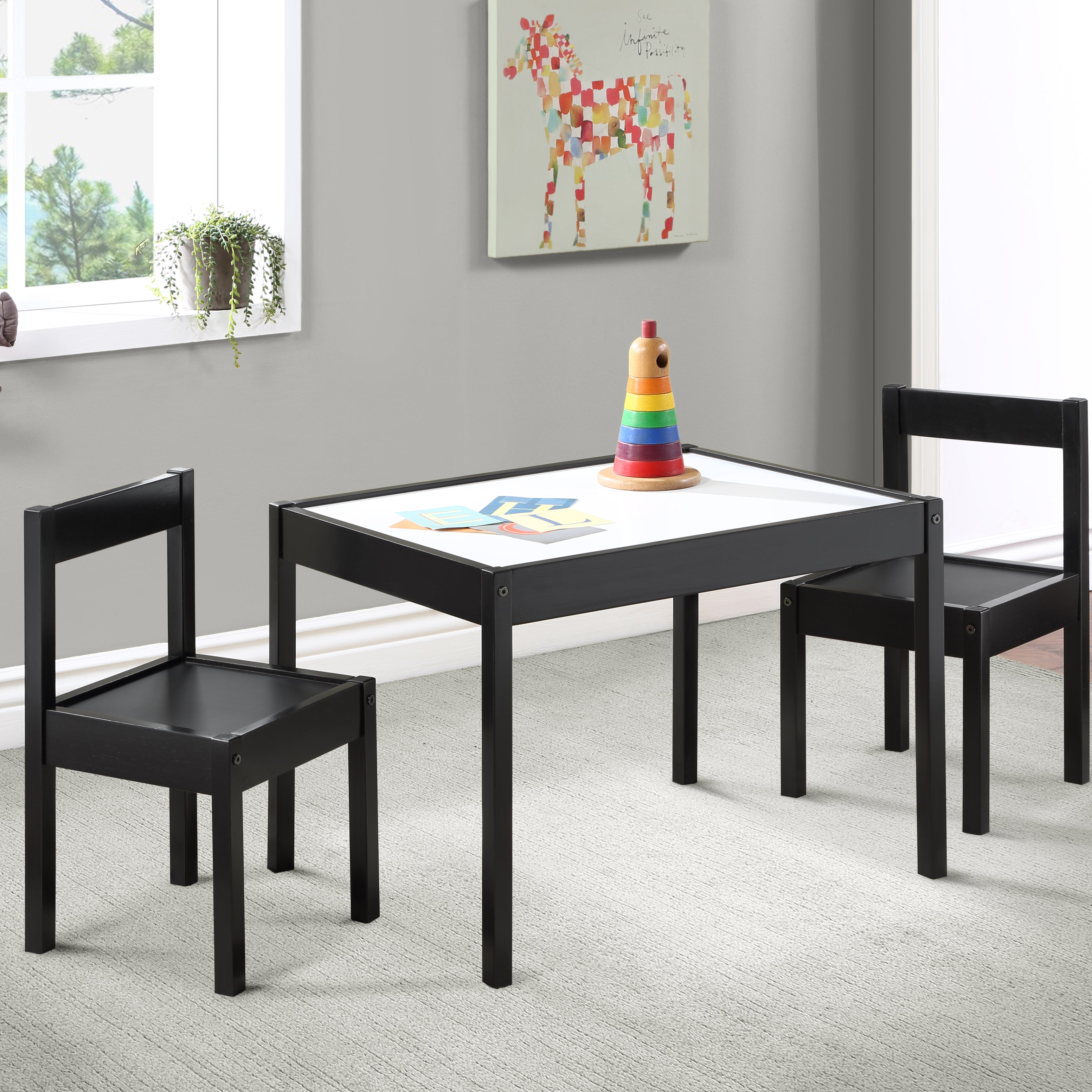 Gibson 3-Piece Dry Erase Kids Table & Two Chair Set, Black--1