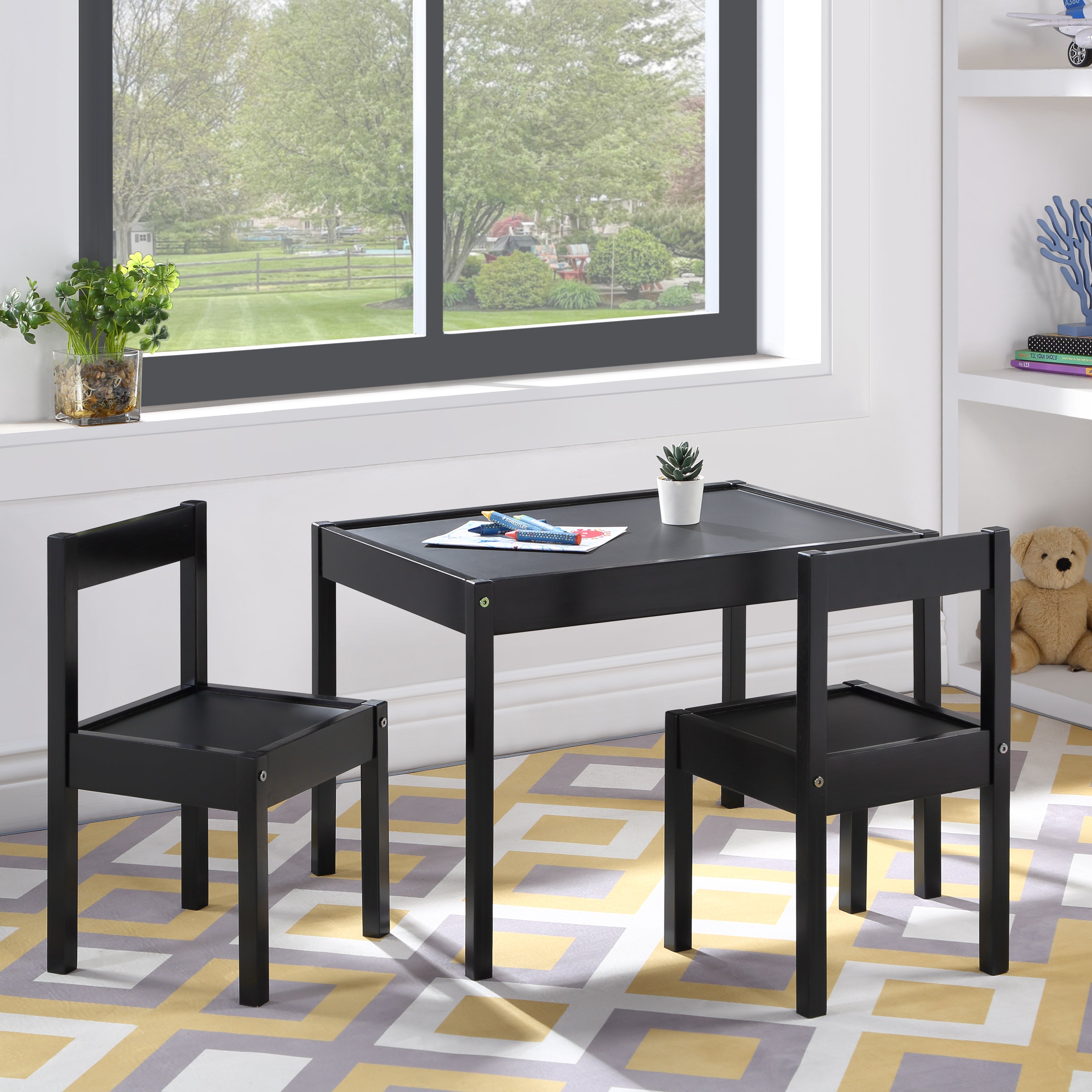 Della 3-Piece Solid Wood Kids Table & Two Chair Set, Black--1