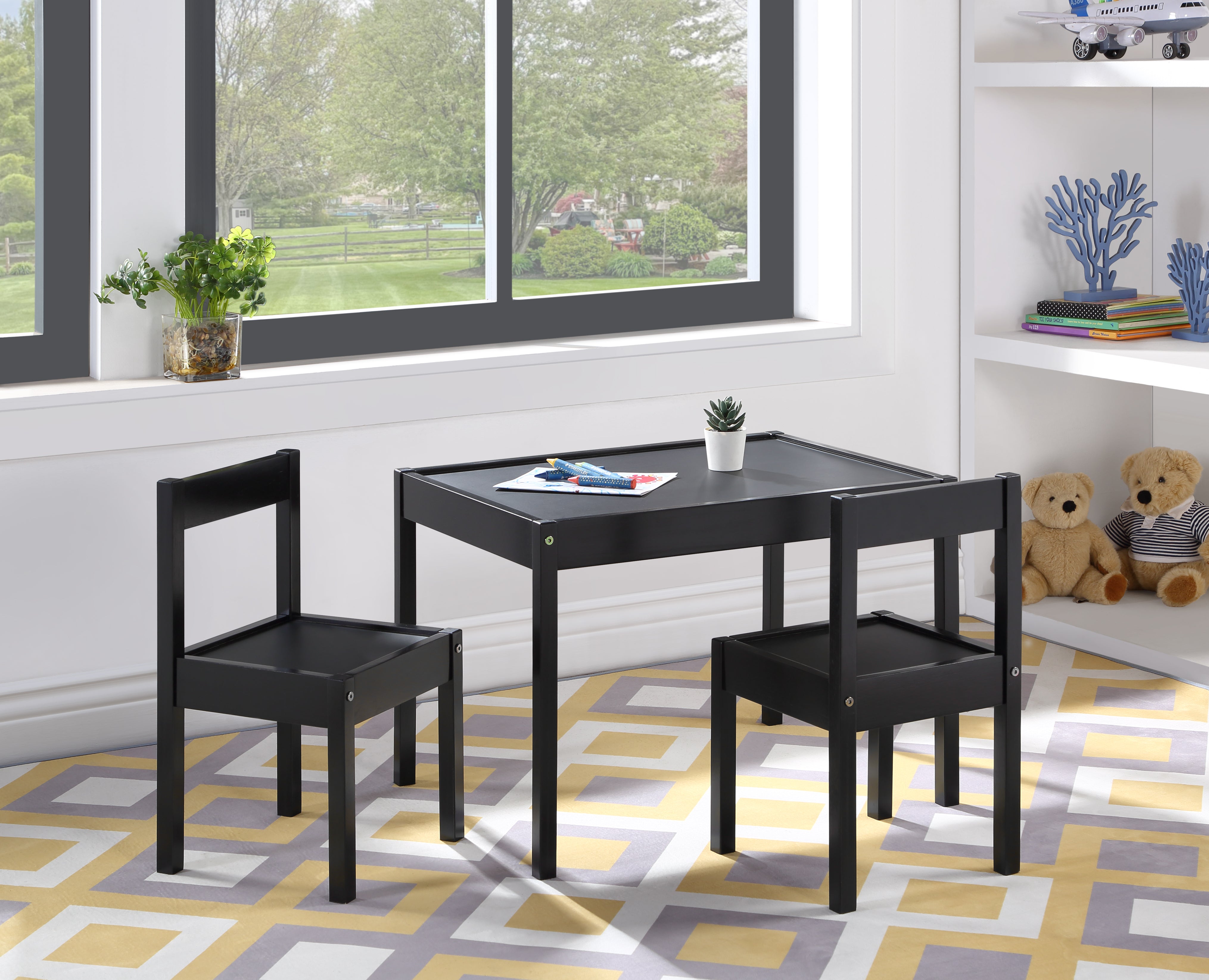 Della 3-Piece Solid Wood Kids Table & Two Chair Set, Black--1