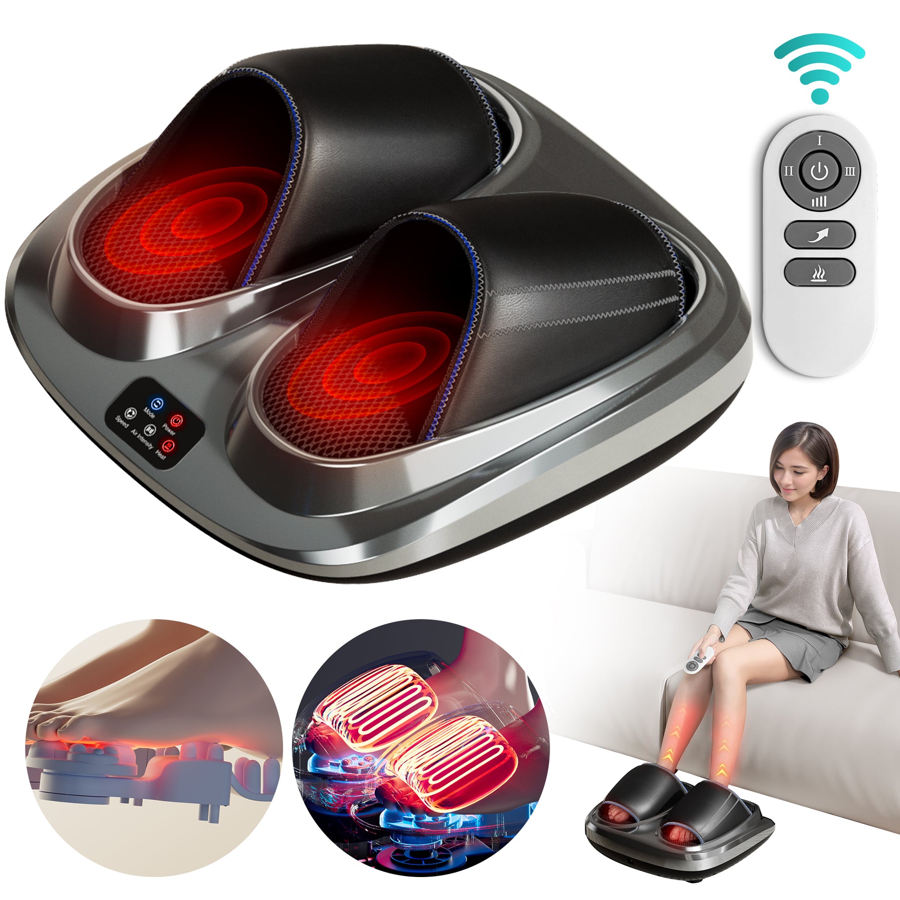 Shiatsu Foot Massager with Heat and Deep Kneading Therapy, Air Compression, Vibration for Pain Relief and Circulation, Open-Toe Style,Home or Office Use--1